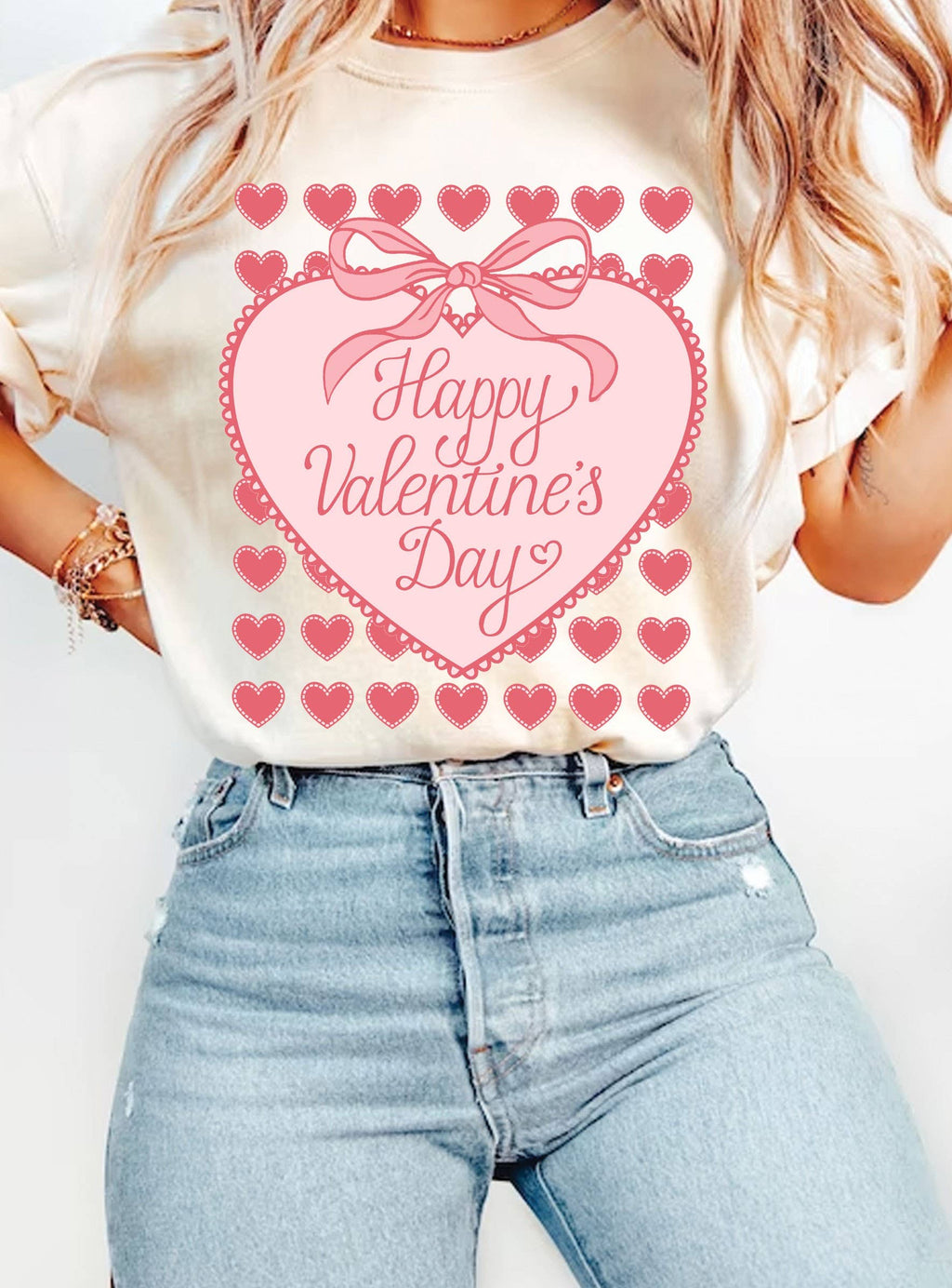 Happy Valentines Day Ribbon Bow Heart Graphic - Adult & Kids T-Shirts, Sweatshirts & Hoodies apparel design preview 1