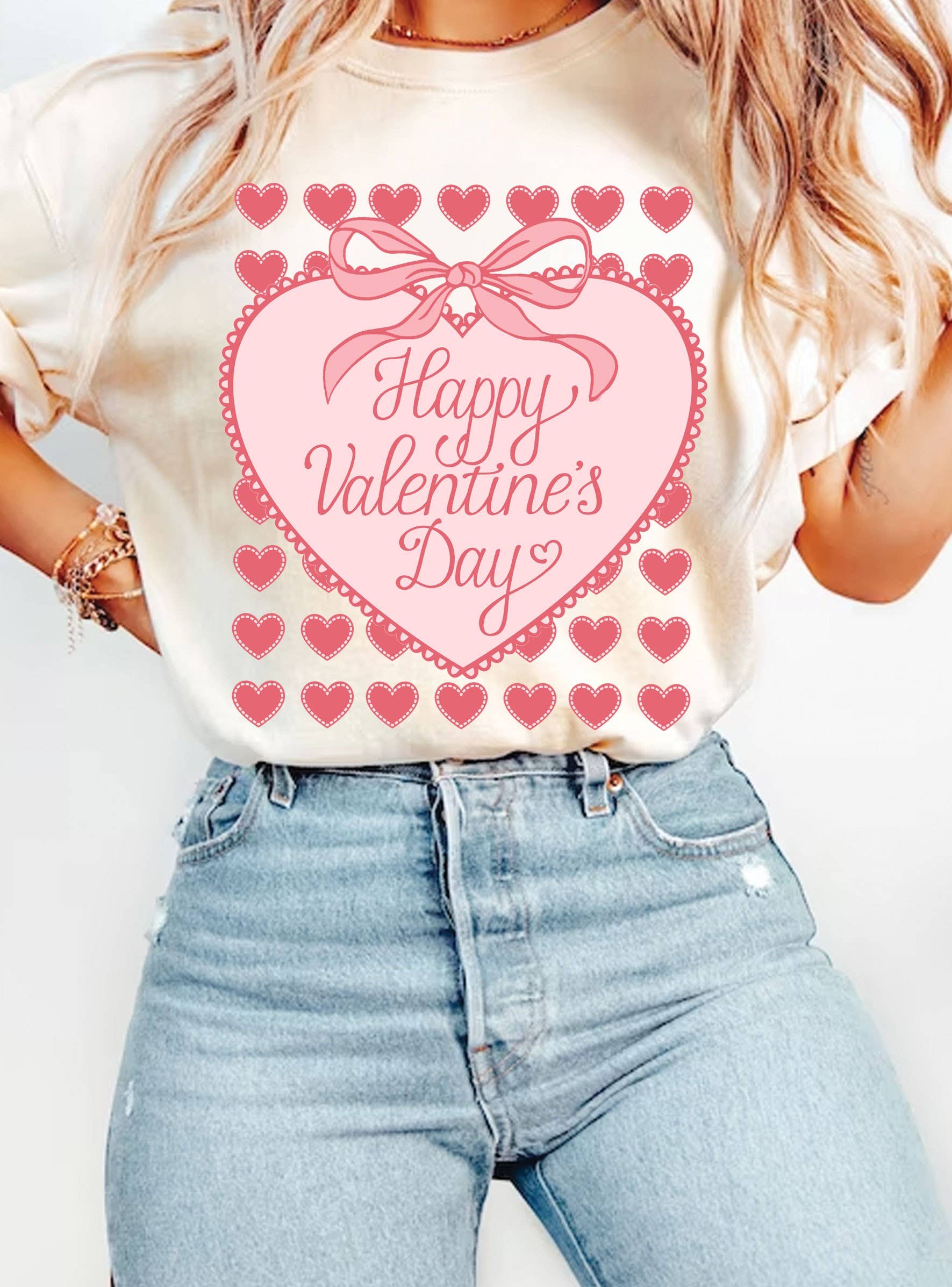 Happy Valentines Day Ribbon Bow Heart Graphic - Adult & Kids T-Shirts, Sweatshirts & Hoodies apparel design preview 1
