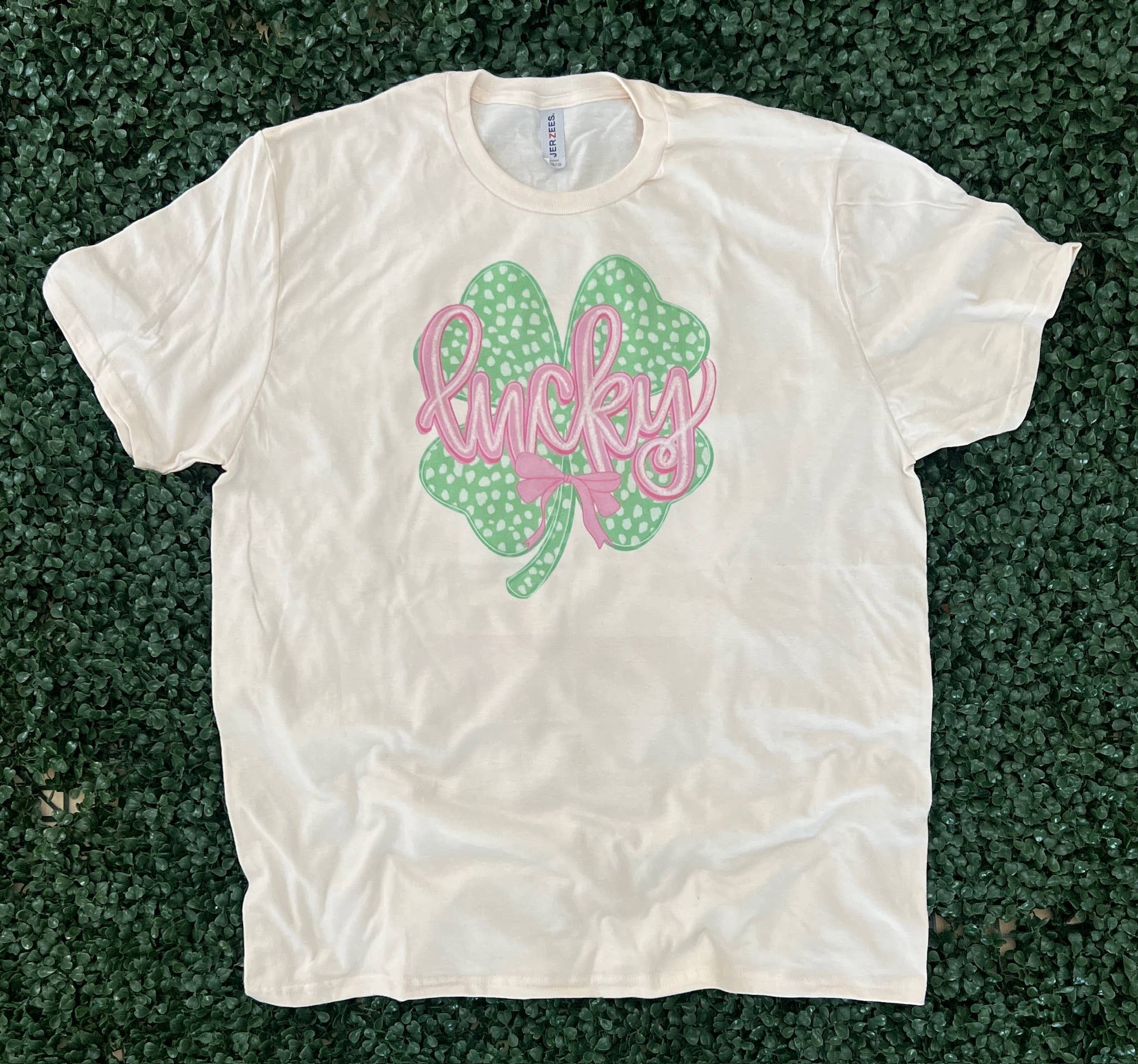 Shamrock with Pink Lucky Script On Cream - Adult & Kids T-Shirts, Sweatshirts & Hoodies apparel design preview 1