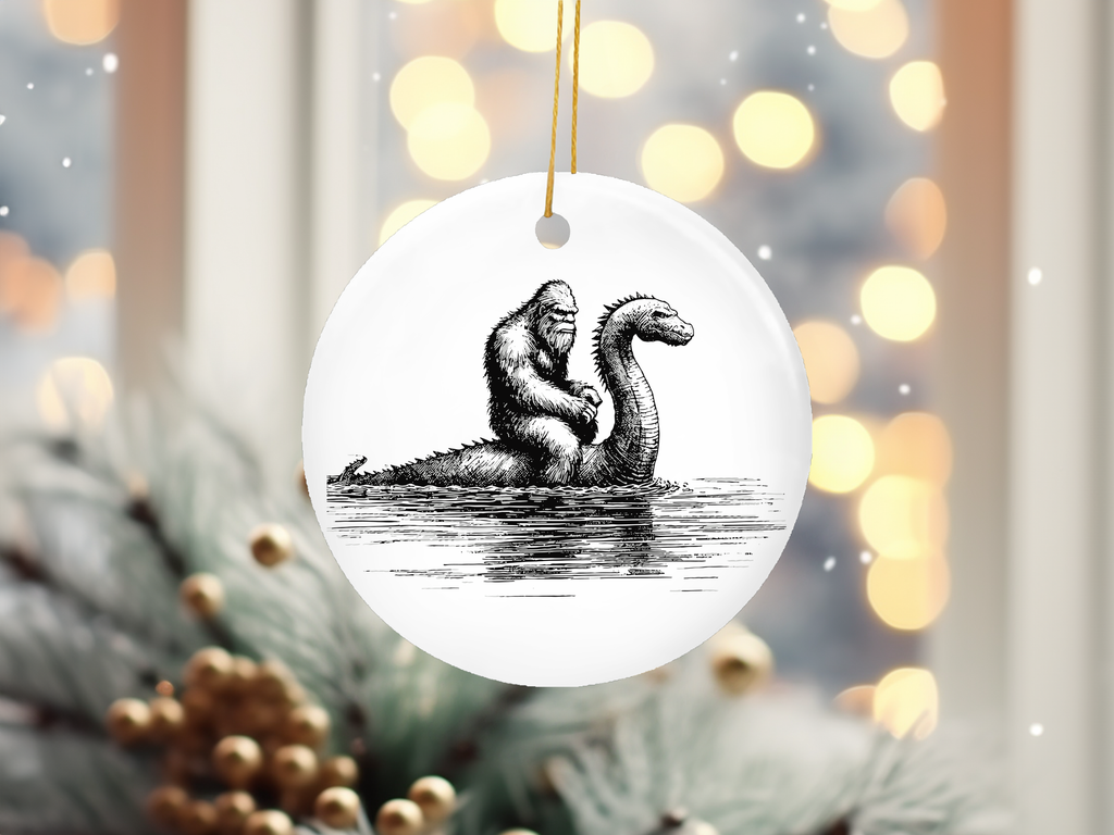 Bigfoot Riding Loch Ness Monster Funny Christmas - Adult & Kids T-Shirts, Sweatshirts & Hoodies apparel design preview 1