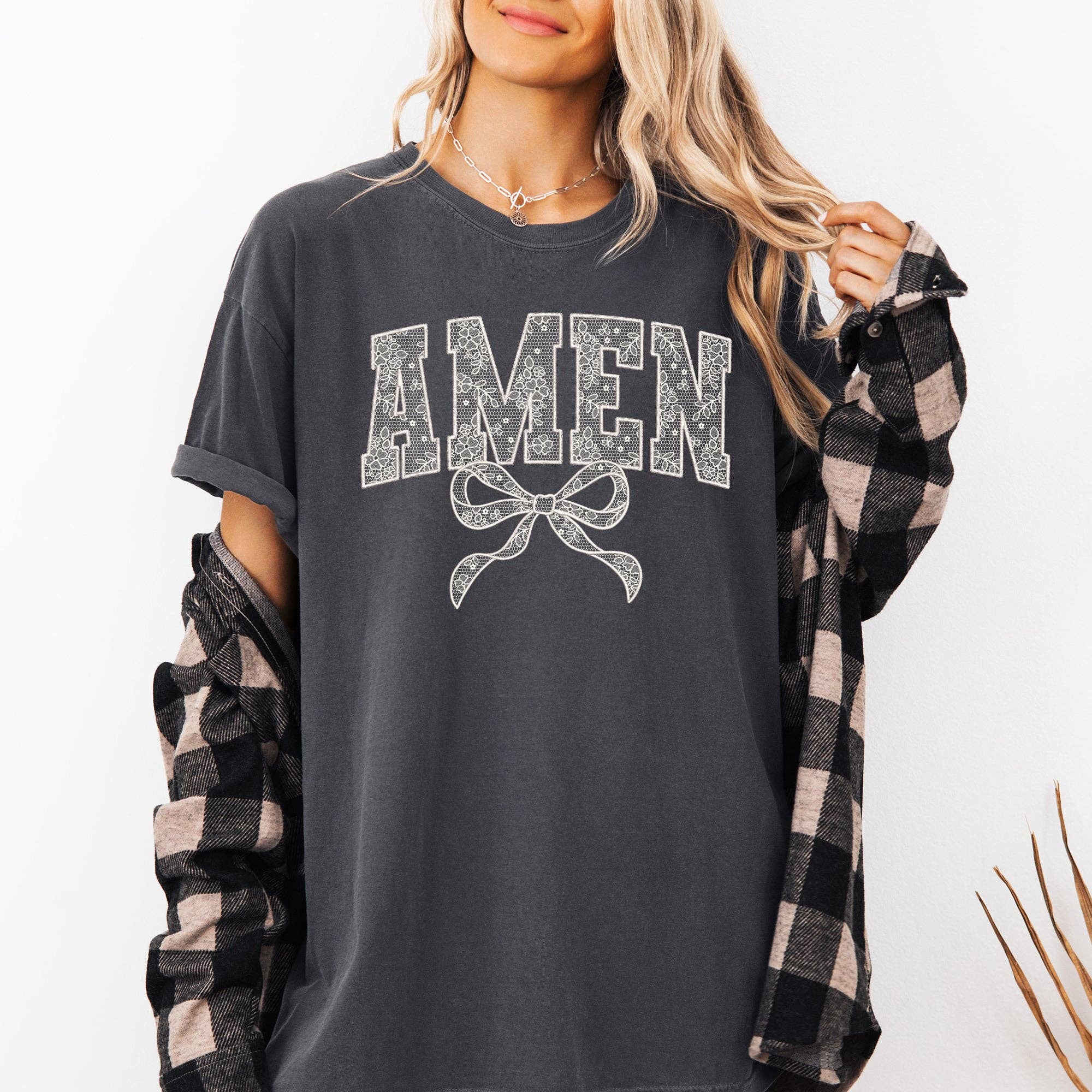 Amen, Lace, Ribbon, Bow, Christian, Jesus Faith - Adult & Kids T-Shirts, Sweatshirts & Hoodies apparel design preview 1