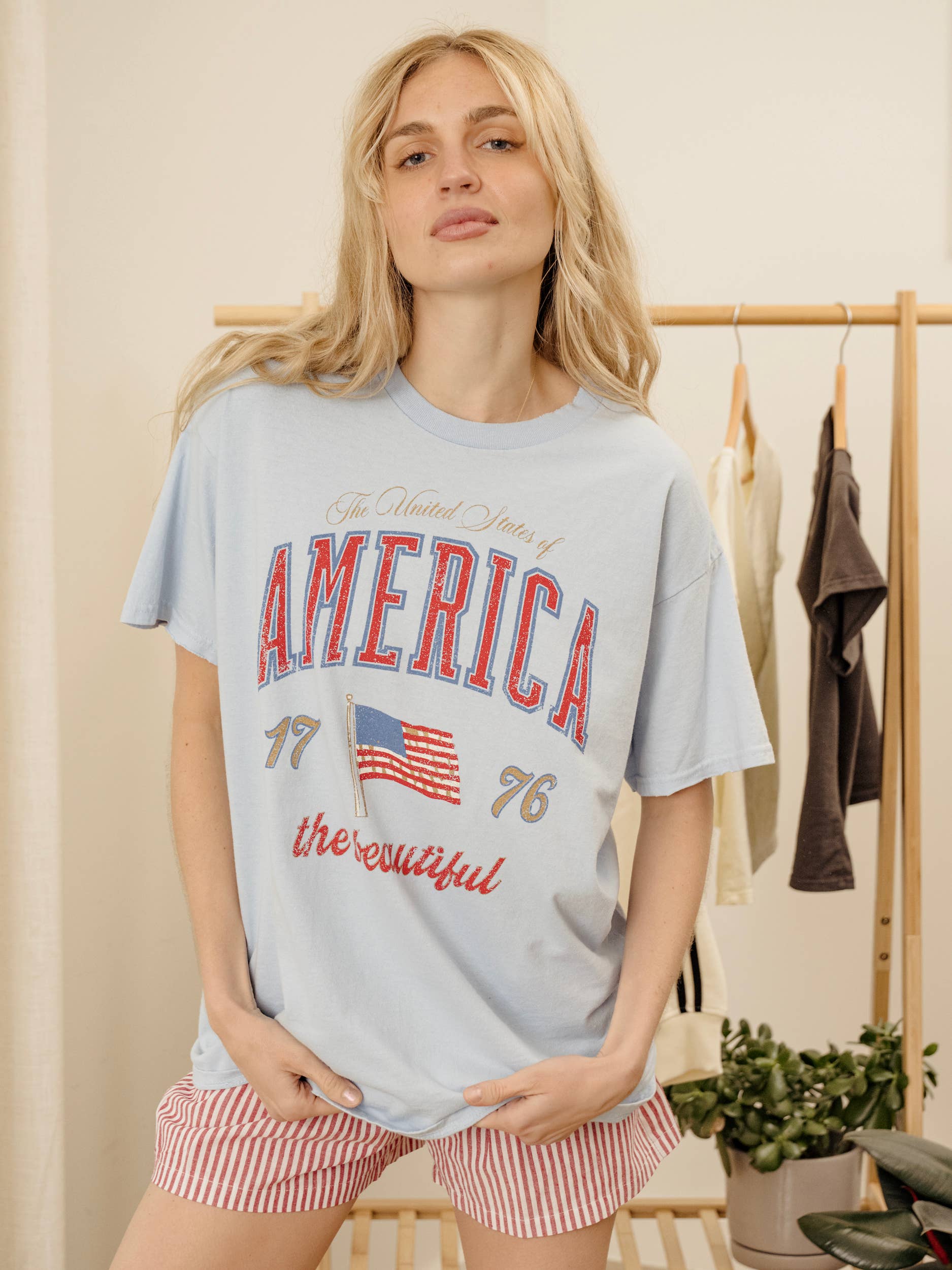 4th of July USA America Wave Arch Light Blue Thrifted - Adult & Kids T-Shirts, Sweatshirts & Hoodies apparel design preview 1