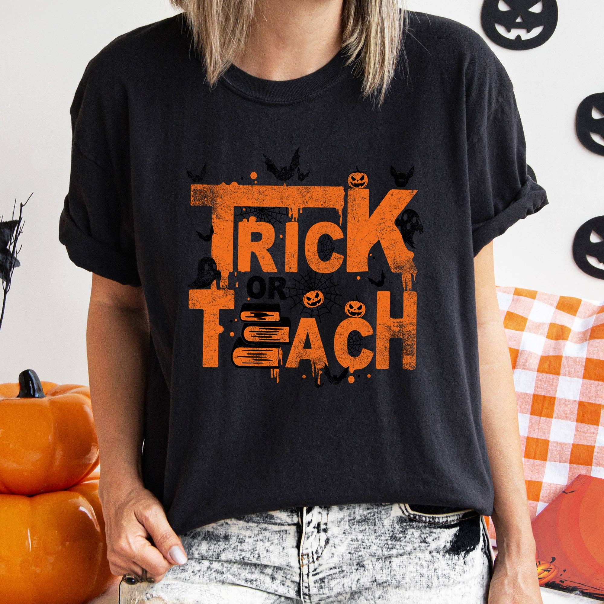 Trick or Teach Retro Halloween Teacher - Adult & Kids T-Shirts, Sweatshirts & Hoodies apparel design preview 1