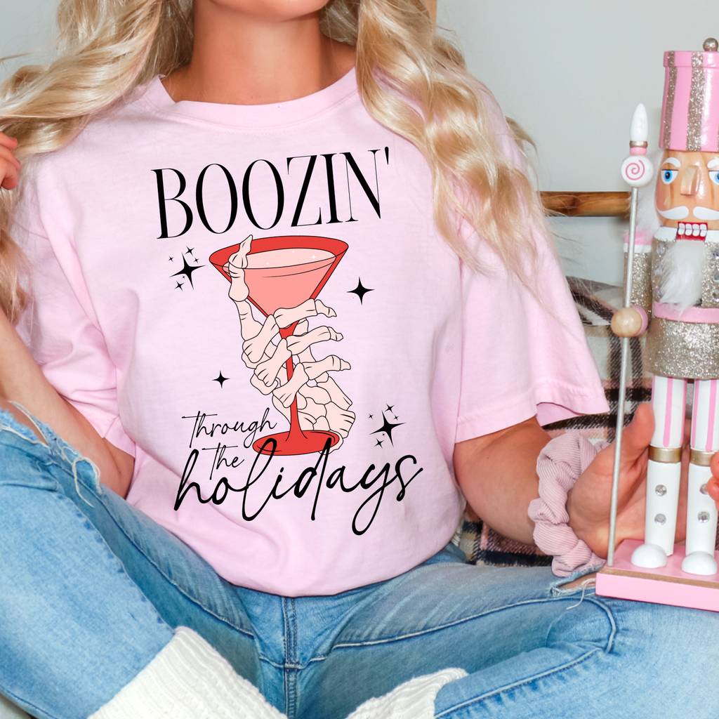 Boozin Through the Holidays Christmas Gildan Graphic - Adult & Kids T-Shirts, Sweatshirts & Hoodies apparel design preview 1