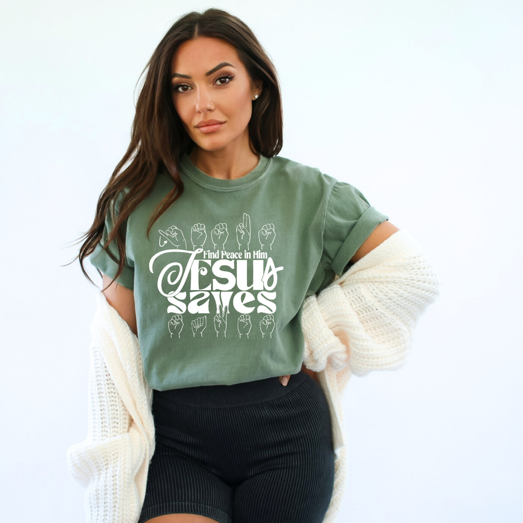 Jesus Saves Asl Comfort Colors Moss - Adult & Kids T-Shirts, Sweatshirts & Hoodies apparel design preview 1
