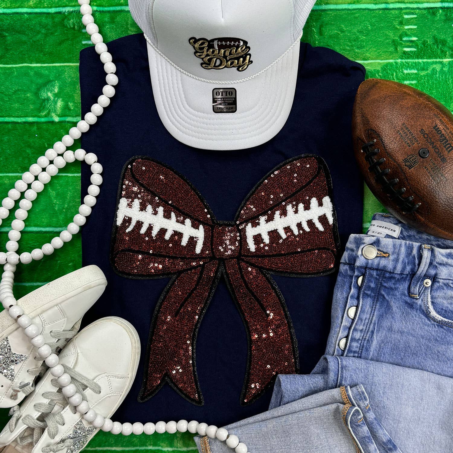 Sequins Football Bow Patch Navy Everyday - Adult & Kids T-Shirts, Sweatshirts & Hoodies apparel design preview 1