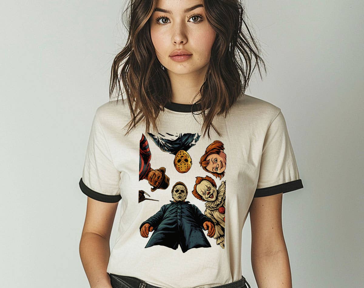 Horror Icons Looking Down Scary Halloween Ringer - Adult & Kids T-Shirts, Sweatshirts & Hoodies apparel design preview 1