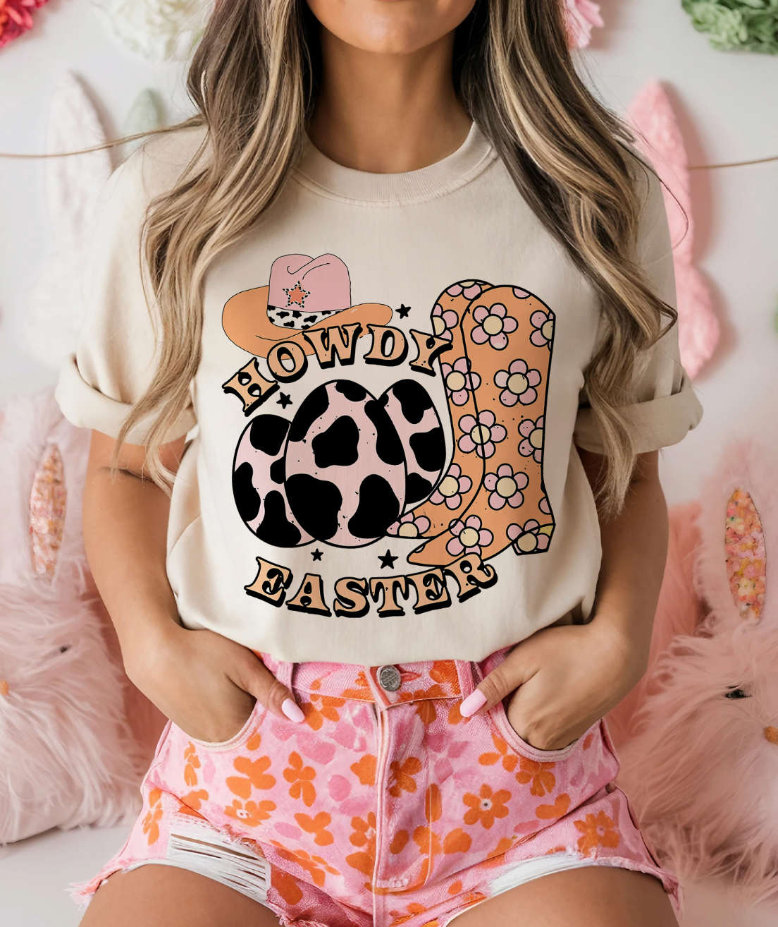 Howdy Easter with Boots Cream or Baby Pink - Adult & Kids T-Shirts, Sweatshirts & Hoodies apparel design preview 1
