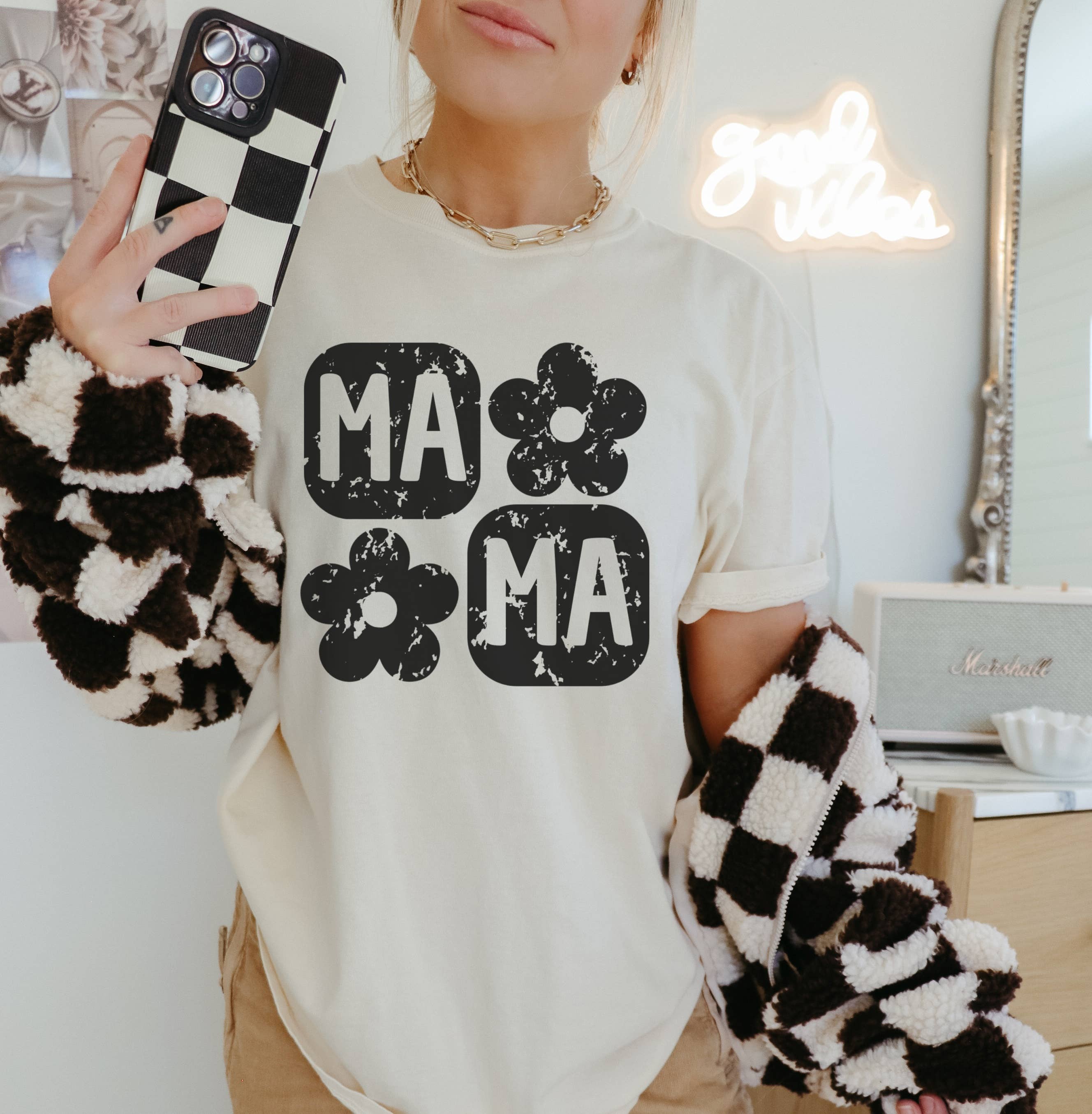 Retro Floral Mama Checker Comfort Color Trendy - Adult & Kids T-Shirts, Sweatshirts & Hoodies apparel design preview 1