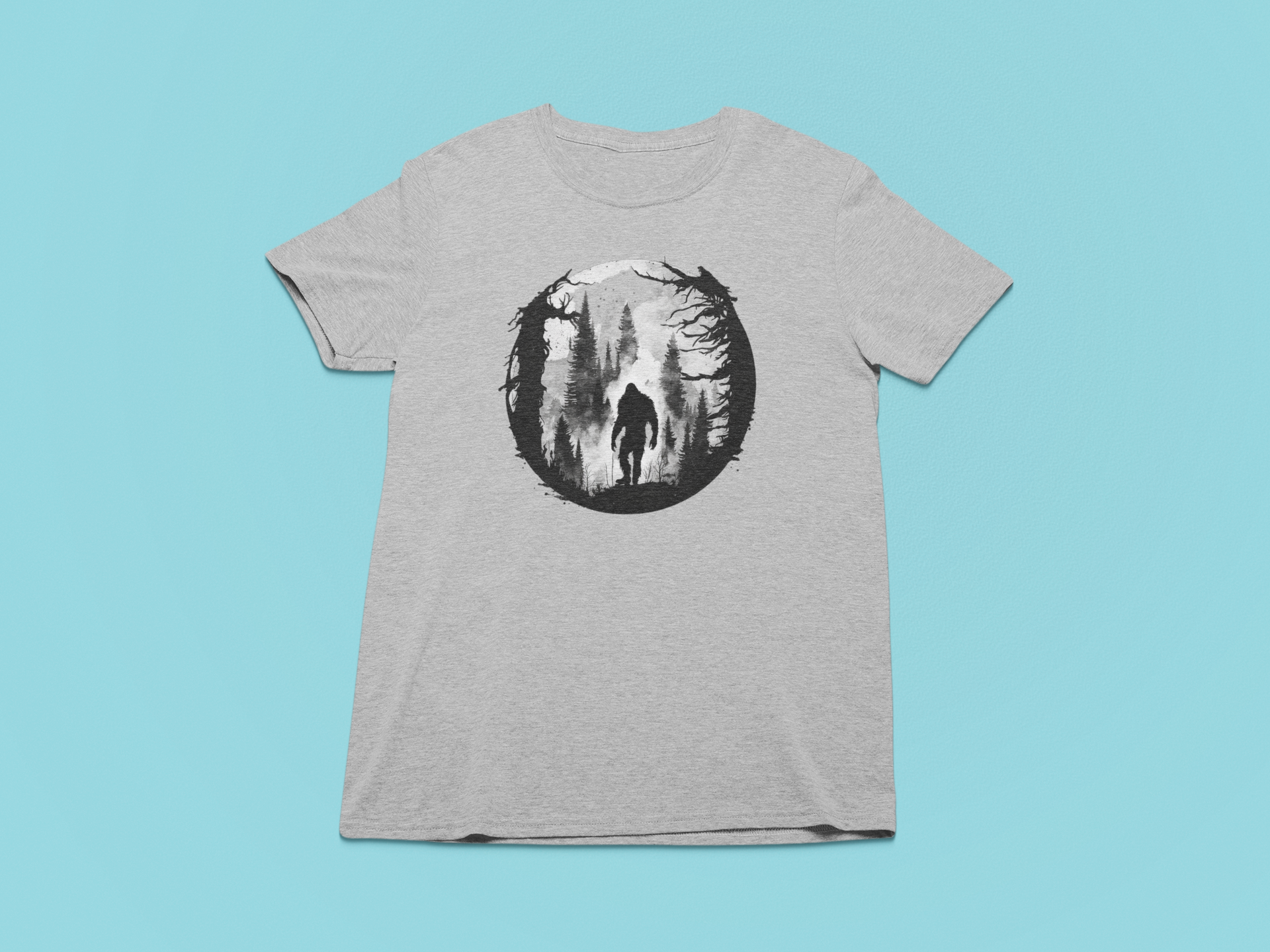Bigfoot Silhouette Nature Scene (Gray) - Adult & Kids T-Shirts, Sweatshirts & Hoodies apparel design preview 1