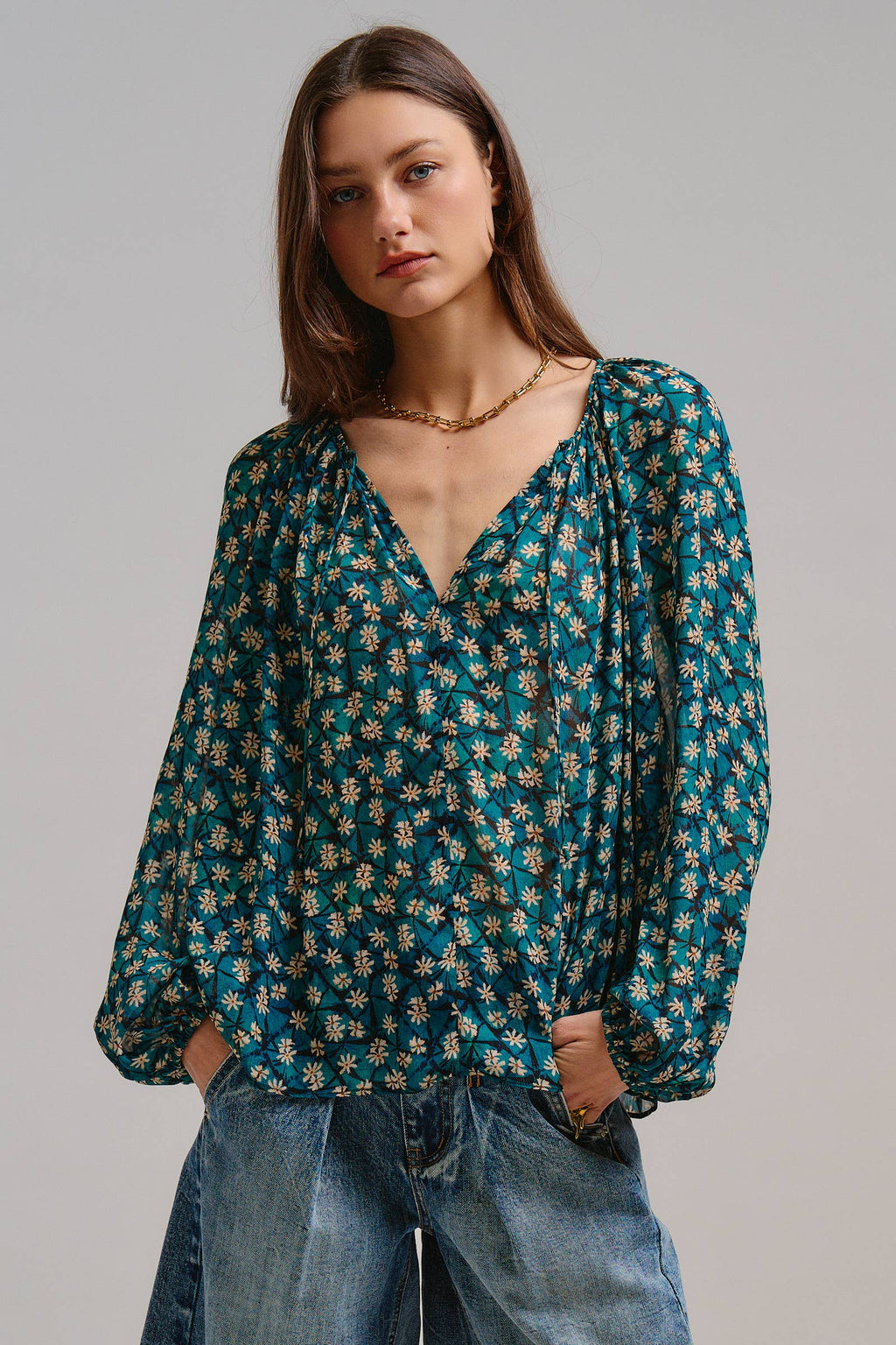 Floral Print Drawstring Neck Billowy Blouse - Adult & Kids T-Shirts, Sweatshirts & Hoodies apparel design preview 1