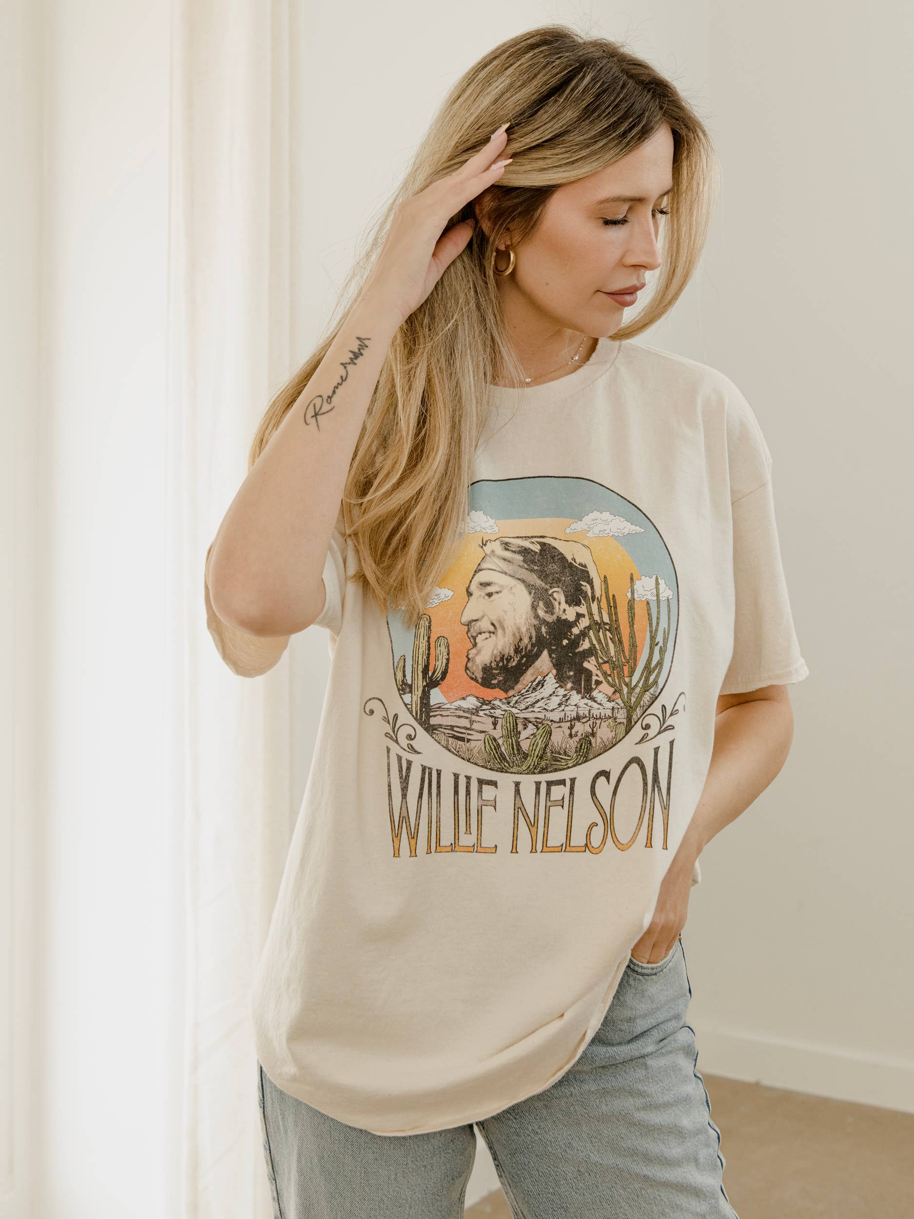 Willie Nelson in the Sky Off White Thrifted Graphic - Adult & Kids T-Shirts, Sweatshirts & Hoodies apparel design preview 1