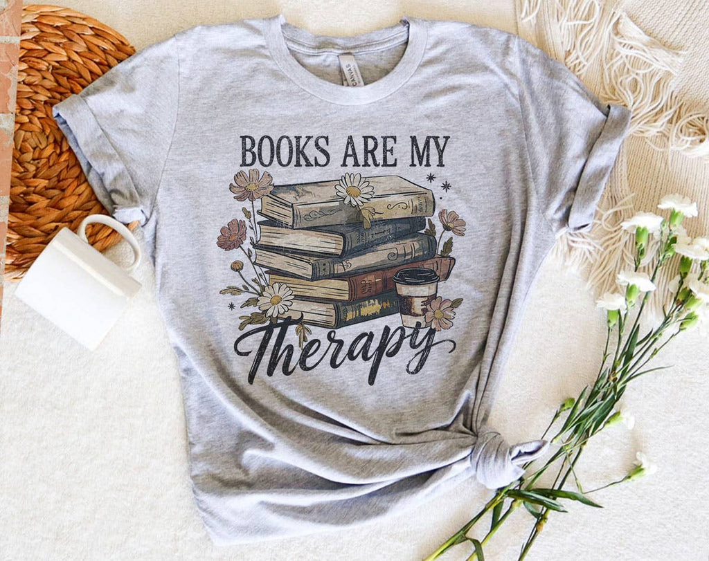 Books Are My Therapy Flowers Cute Book Canvas Gray - Adult & Kids T-Shirts, Sweatshirts & Hoodies apparel design preview 1