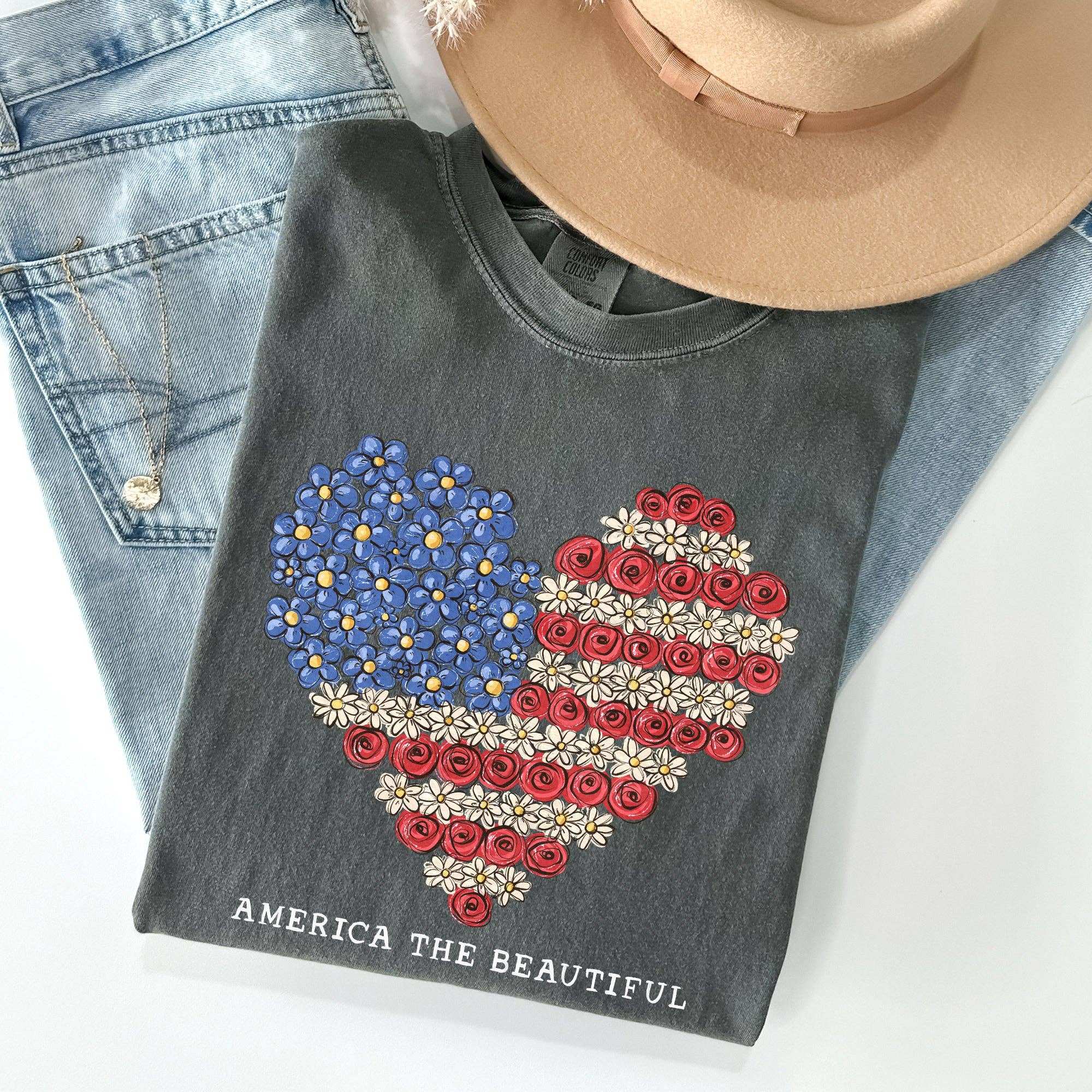 America the Beautiful, Flowers, Heart Flag, Patriotic - Adult & Kids T-Shirts, Sweatshirts & Hoodies apparel design preview 1