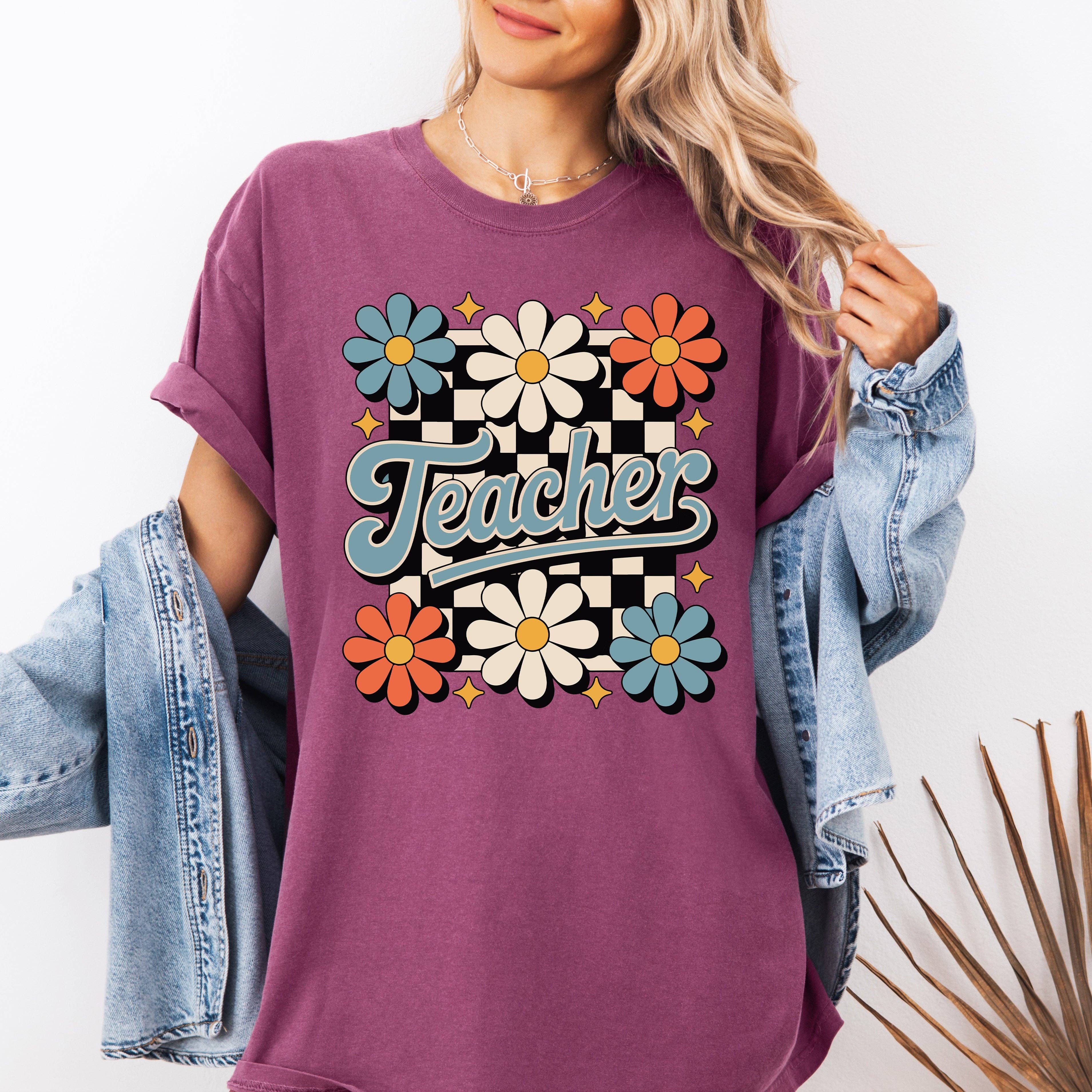 Teacher Floral, Checkered First Day of School, Cute - Adult & Kids T-Shirts, Sweatshirts & Hoodies apparel design preview 1
