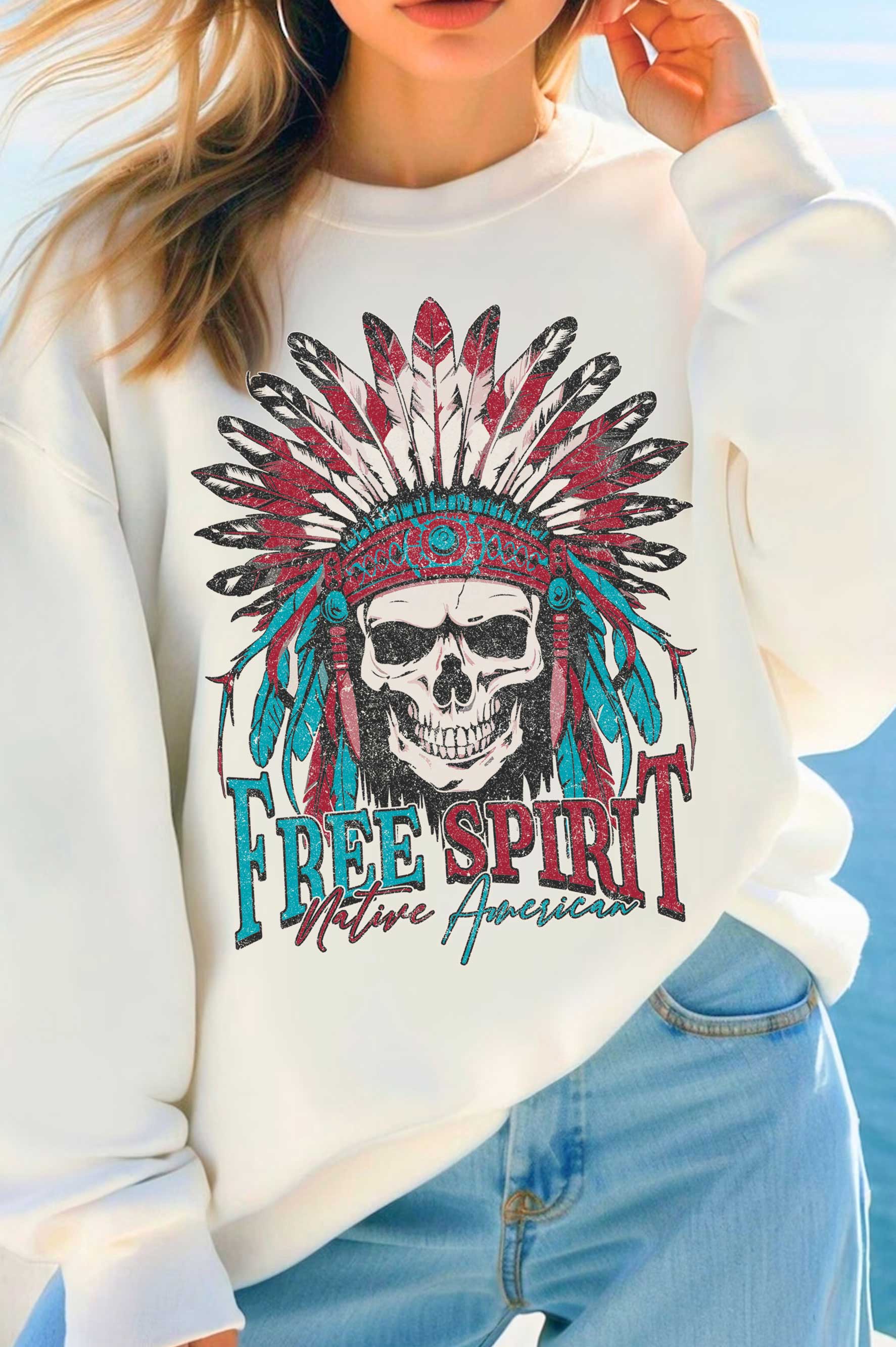 Free Spirit Native American Skull Graphic Brushed - Adult & Kids T-Shirts, Sweatshirts & Hoodies apparel design preview 1