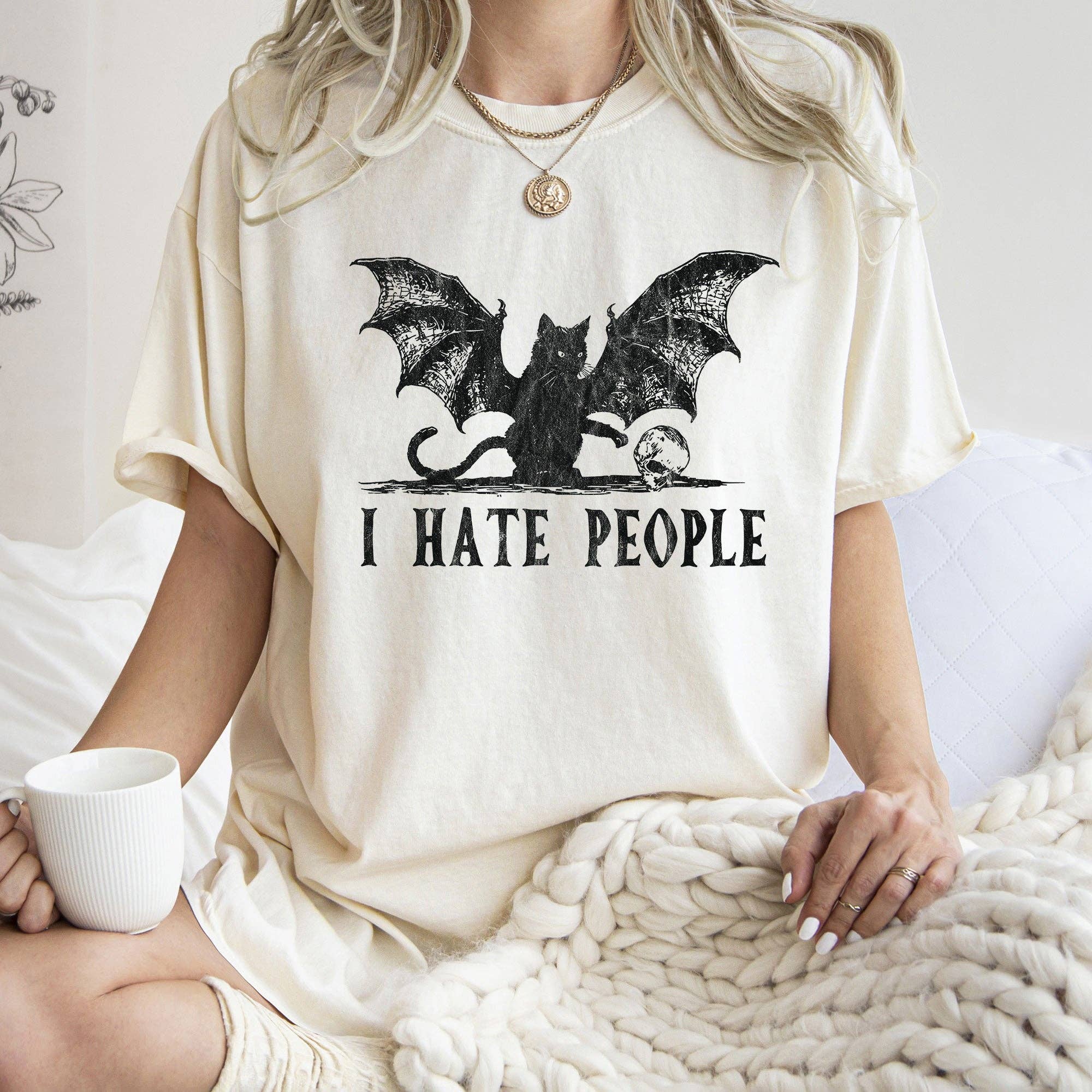 I Hate People Cat Bat Retro Halloween Black Print - Adult & Kids T-Shirts, Sweatshirts & Hoodies apparel design preview 1