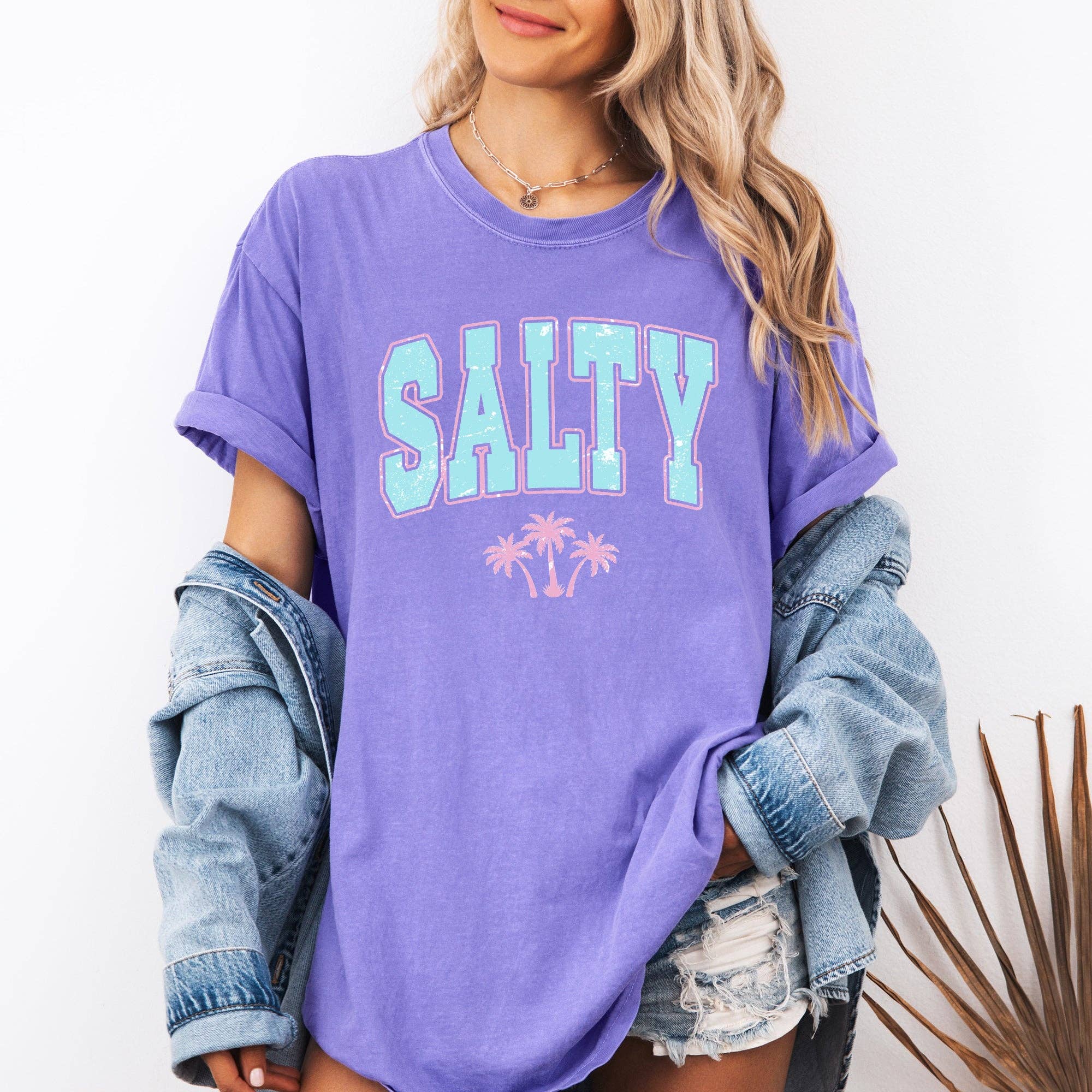 Salty Varsity Palm Trees Summer Beach Comfort Colors - Adult & Kids T-Shirts, Sweatshirts & Hoodies apparel design preview 1