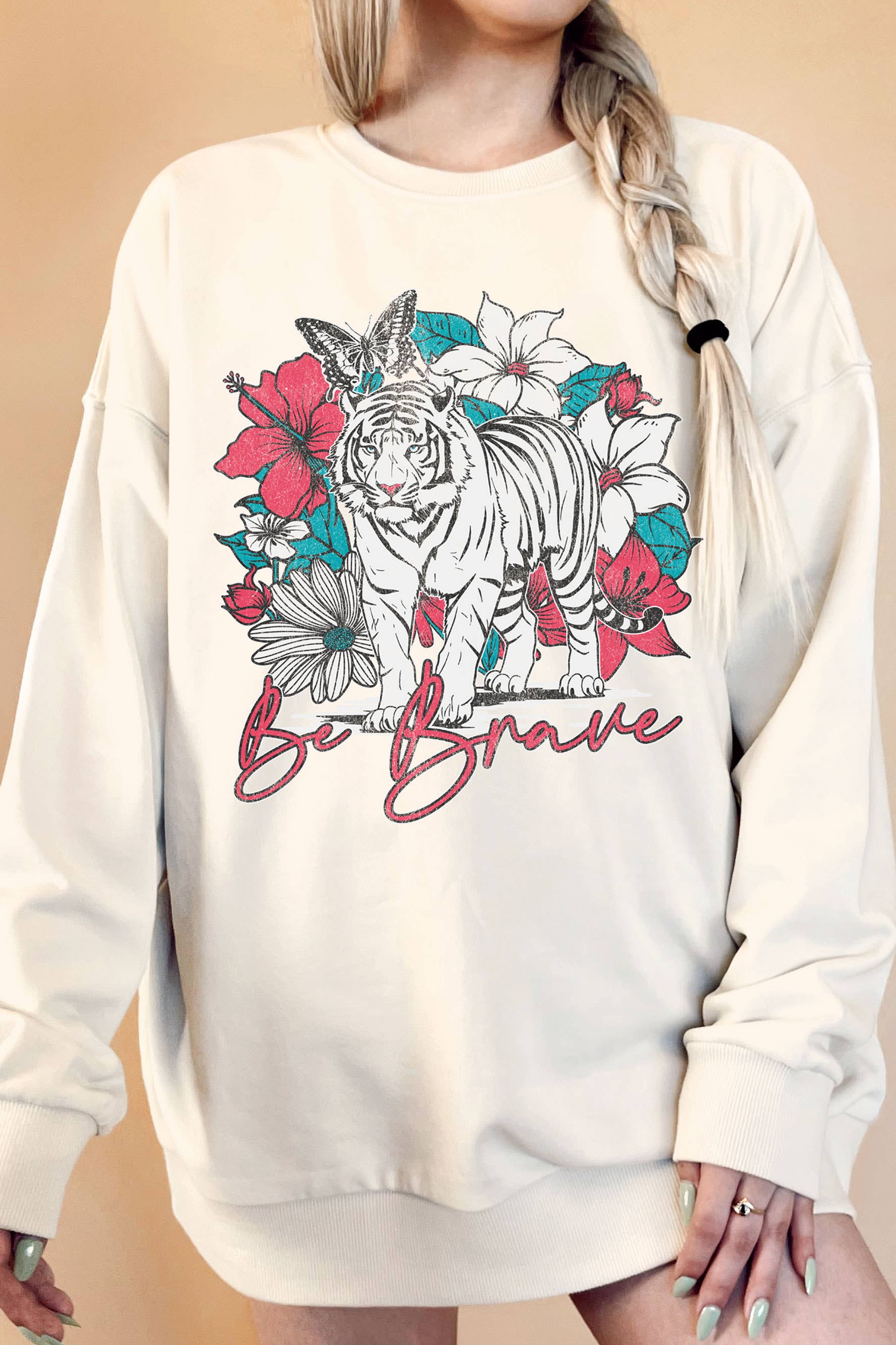 Be Brave Floral Tiger Oversize Graphic Terry - Adult & Kids T-Shirts, Sweatshirts & Hoodies apparel design preview 1