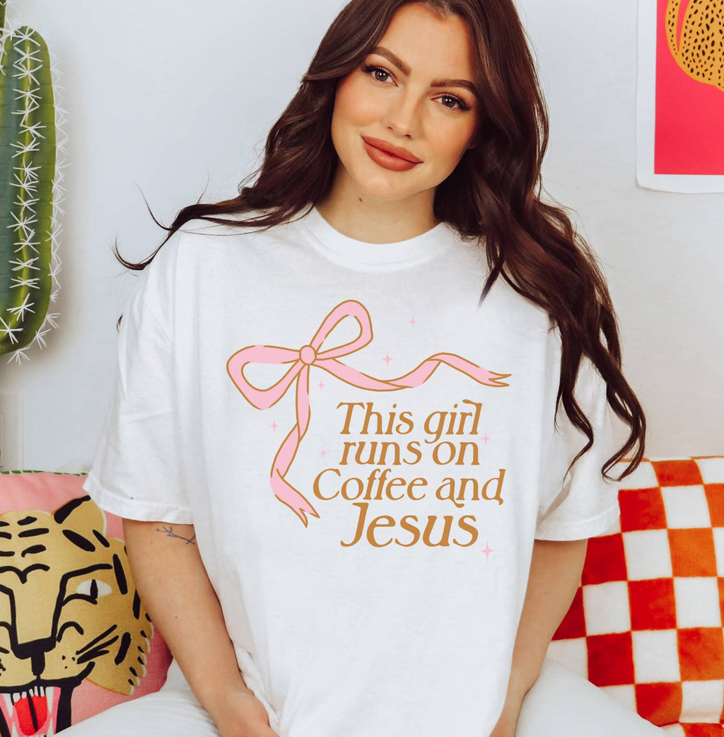 This Girl Runs On Coffee and Jesus Religious Bow - Adult & Kids T-Shirts, Sweatshirts & Hoodies apparel design preview 1