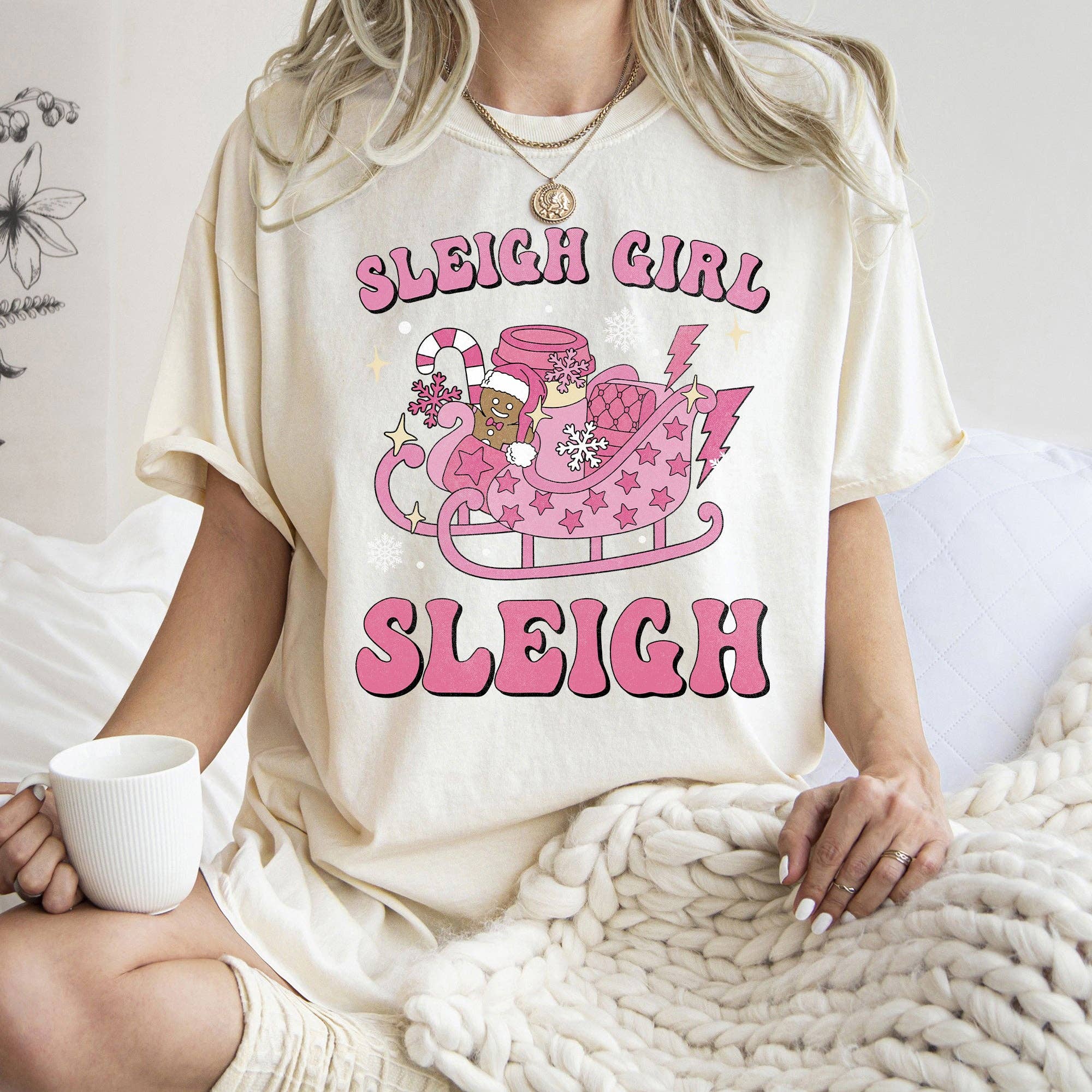 Sleigh Girl Christmas, Retro, Pink, - Adult & Kids T-Shirts, Sweatshirts & Hoodies apparel design preview 1