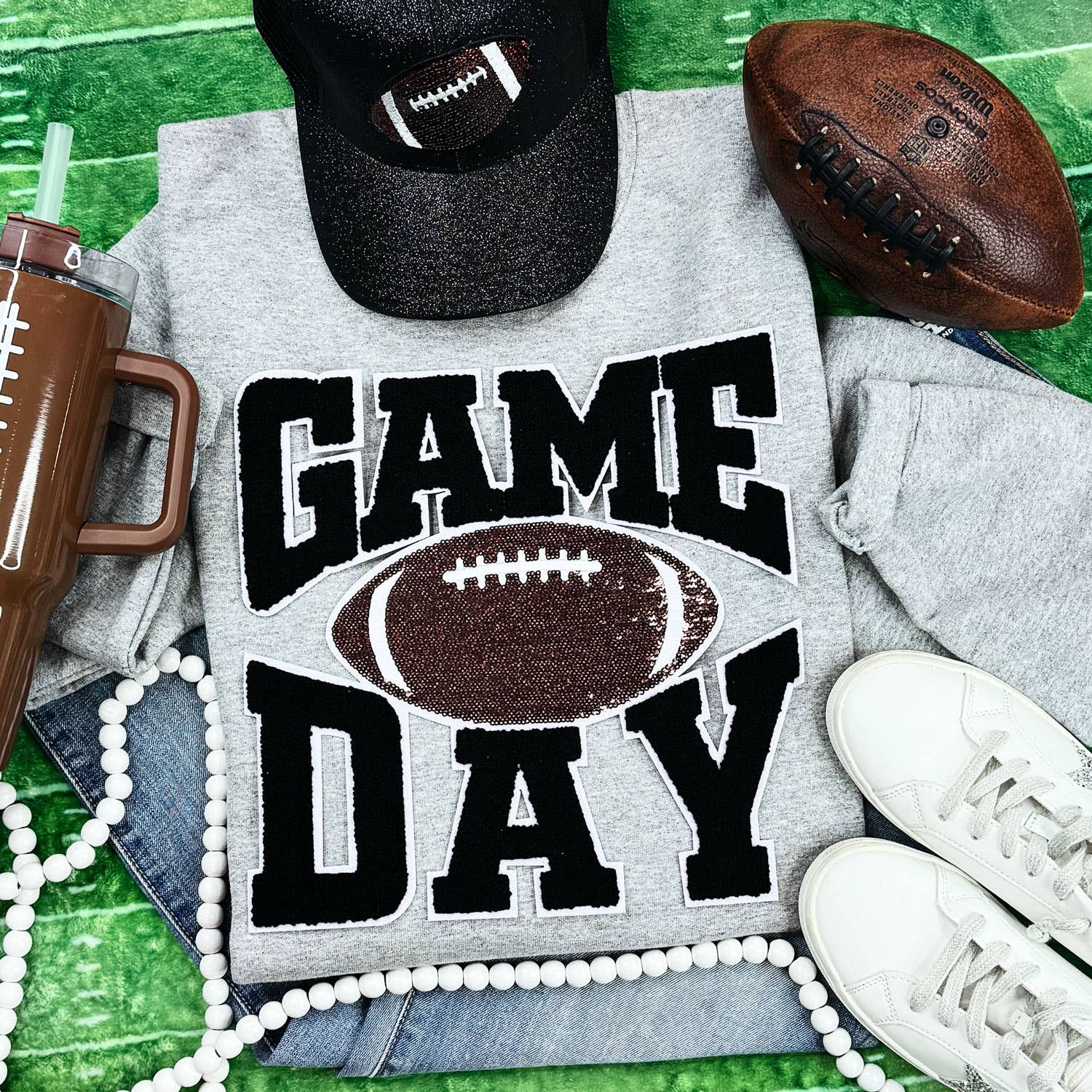 Black Chenille Game Day with Sequin Football Patch - Adult & Kids T-Shirts, Sweatshirts & Hoodies apparel design preview 1