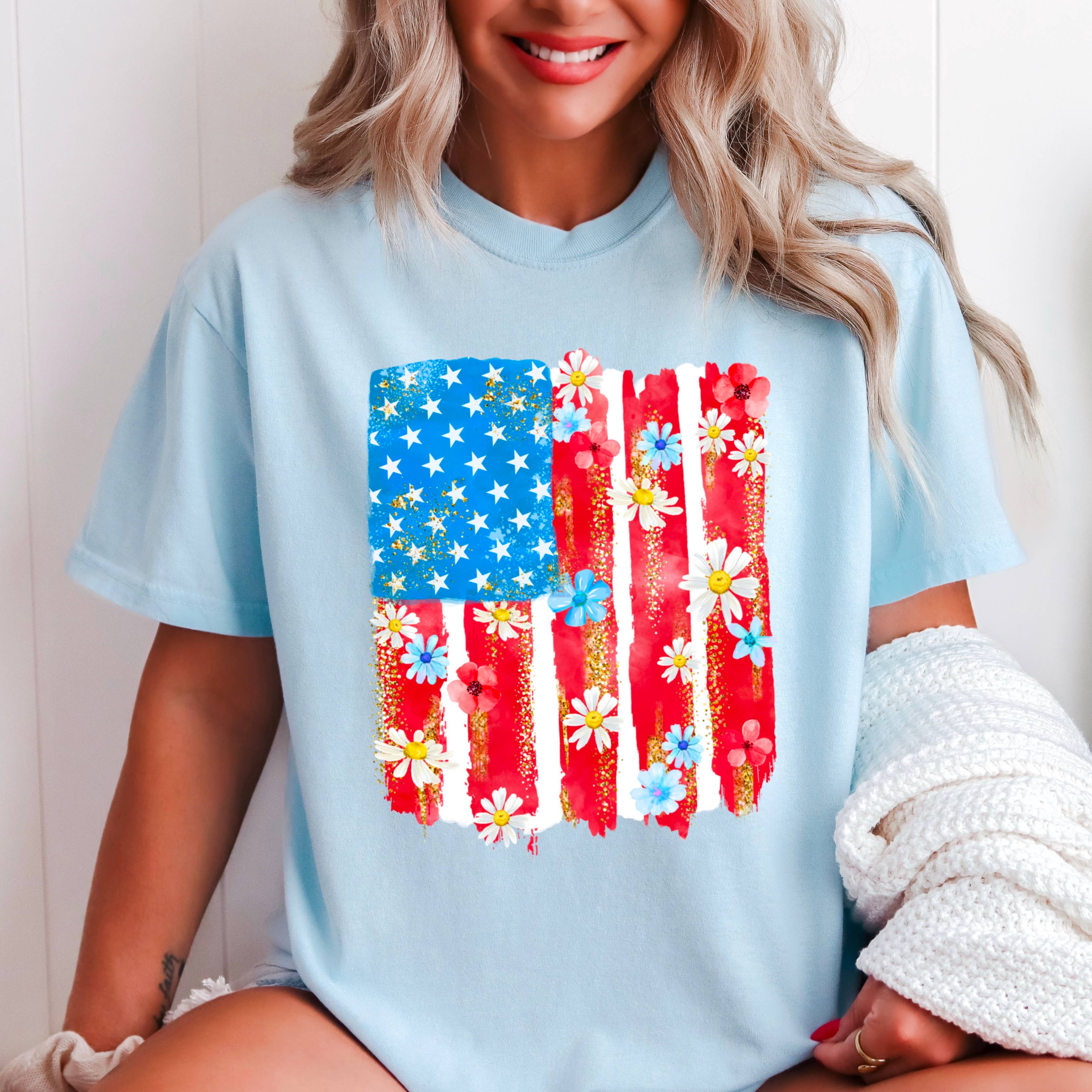 Floral Flag USA July 4th Graphic Comfort Color - Adult & Kids T-Shirts, Sweatshirts & Hoodies apparel design preview 1