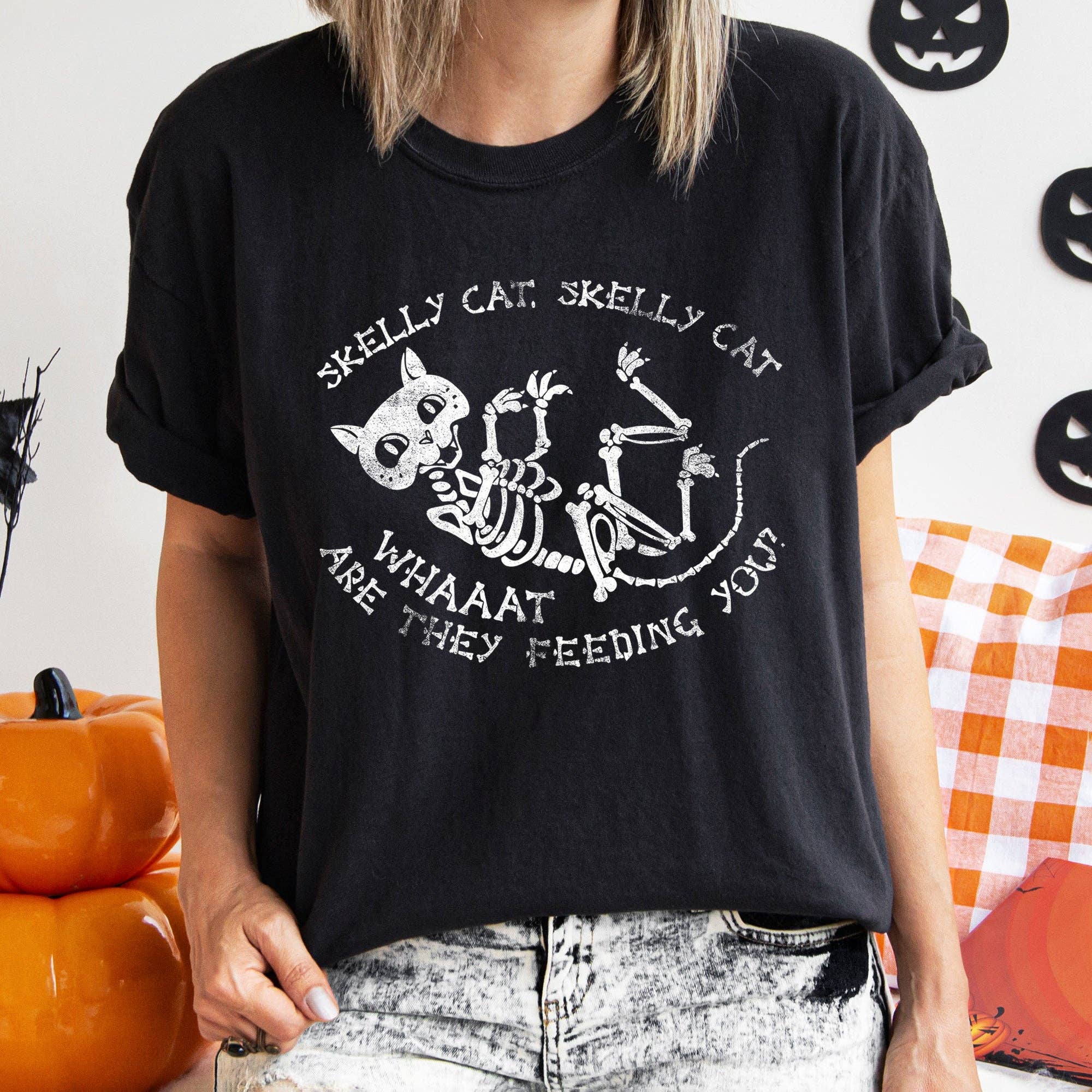 Skelly Cat Retro Halloween White Print - Adult & Kids T-Shirts, Sweatshirts & Hoodies apparel design preview 1
