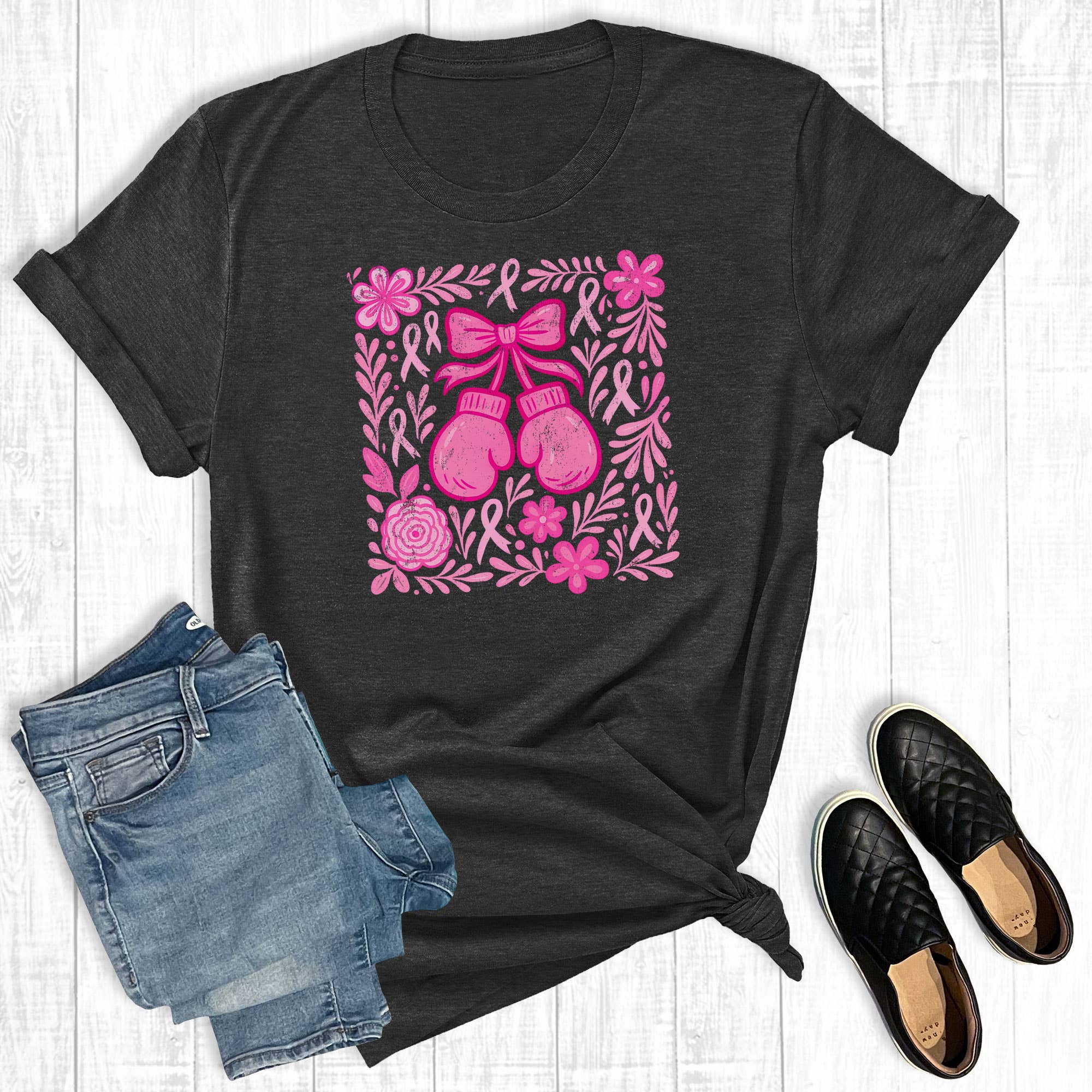 Boho Floral Fight Cancer Boxing Gloves Graphic - Adult & Kids T-Shirts, Sweatshirts & Hoodies apparel design preview 1