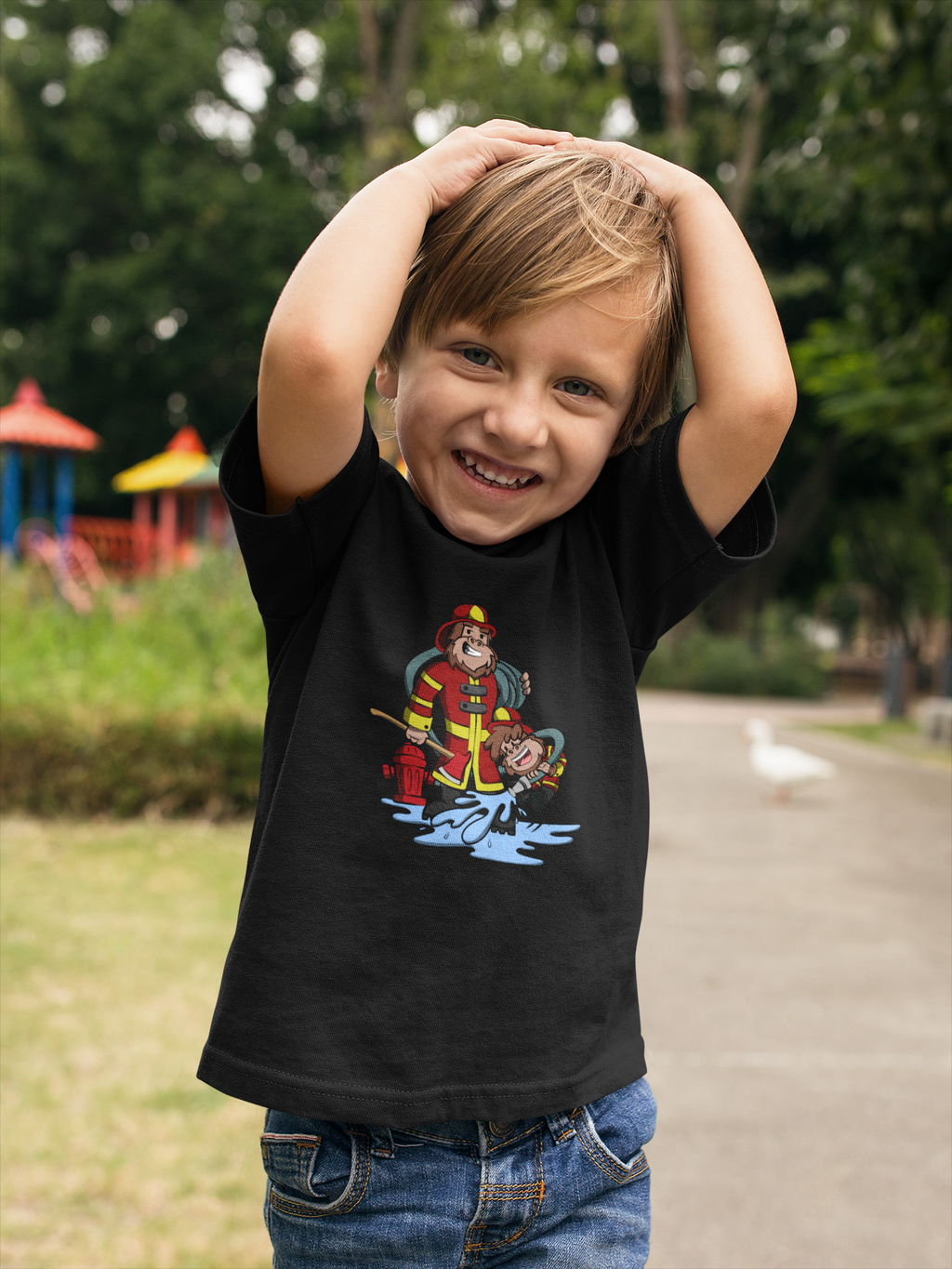 Sammie Squatch "Fire Fighters" (Black) - Adult & Kids T-Shirts, Sweatshirts & Hoodies apparel design preview 1