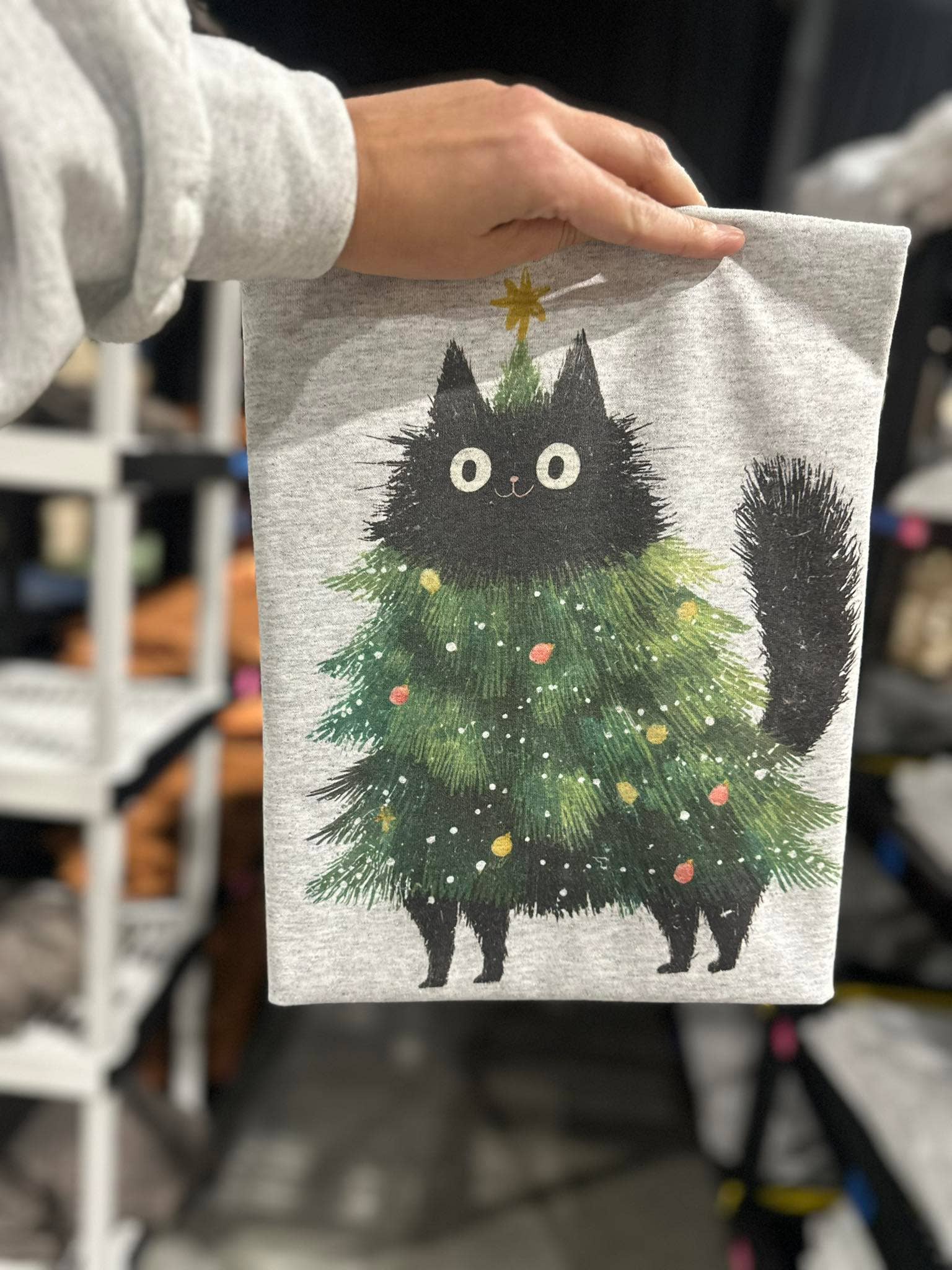 Black Cat Christmas Tree On Ash Gray - Adult & Kids T-Shirts, Sweatshirts & Hoodies apparel design preview 1