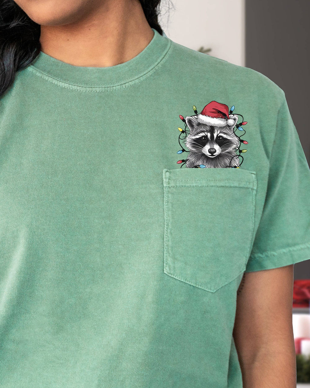 Adorable Christmas Raccoon, Trash Panda, Santa Pocket - Adult & Kids T-Shirts, Sweatshirts & Hoodies apparel design preview 1