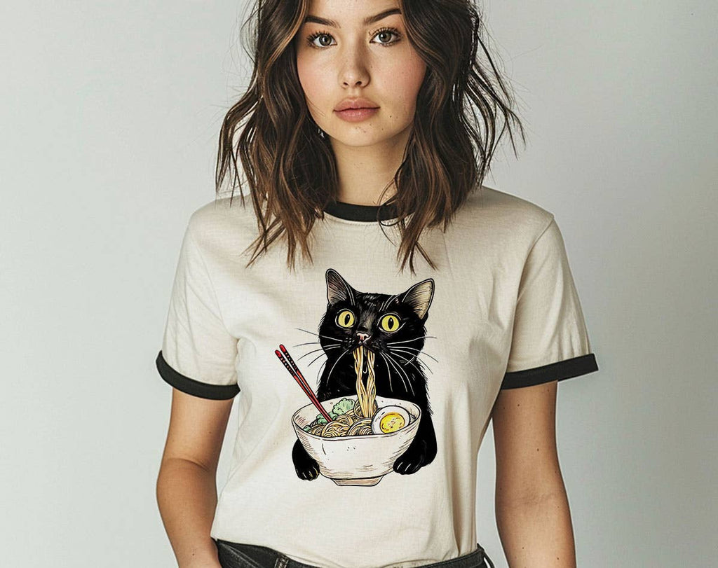 Cat Eating Ramen Cute Funny Tea Ringer - Adult & Kids T-Shirts, Sweatshirts & Hoodies apparel design preview 1