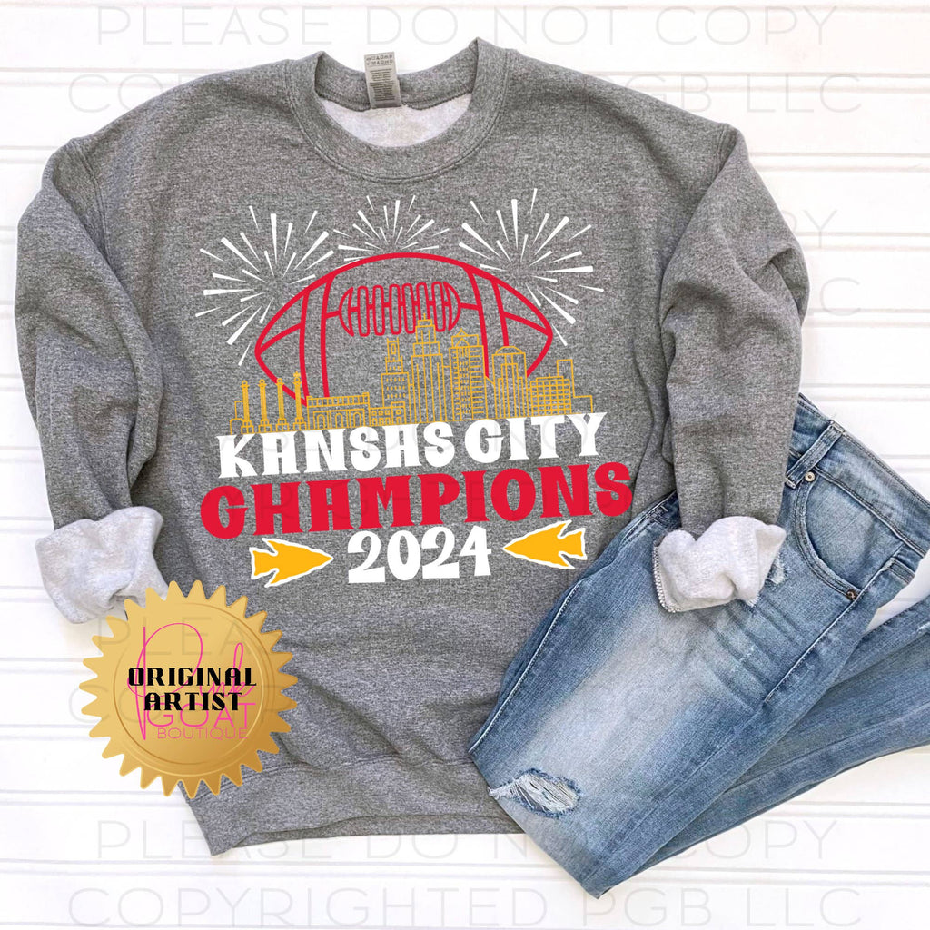 Kansas City Champions 2024 Fireworks and Skyline - Adult & Kids T-Shirts, Sweatshirts & Hoodies apparel design preview 1