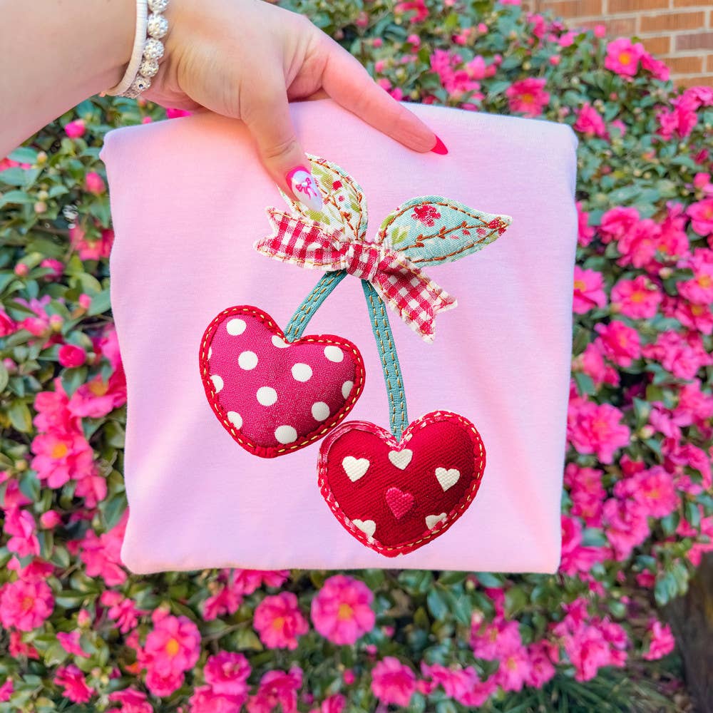 Faux Embroidery Patterned Red Heart Cherries - Adult & Kids T-Shirts, Sweatshirts & Hoodies apparel design preview 1