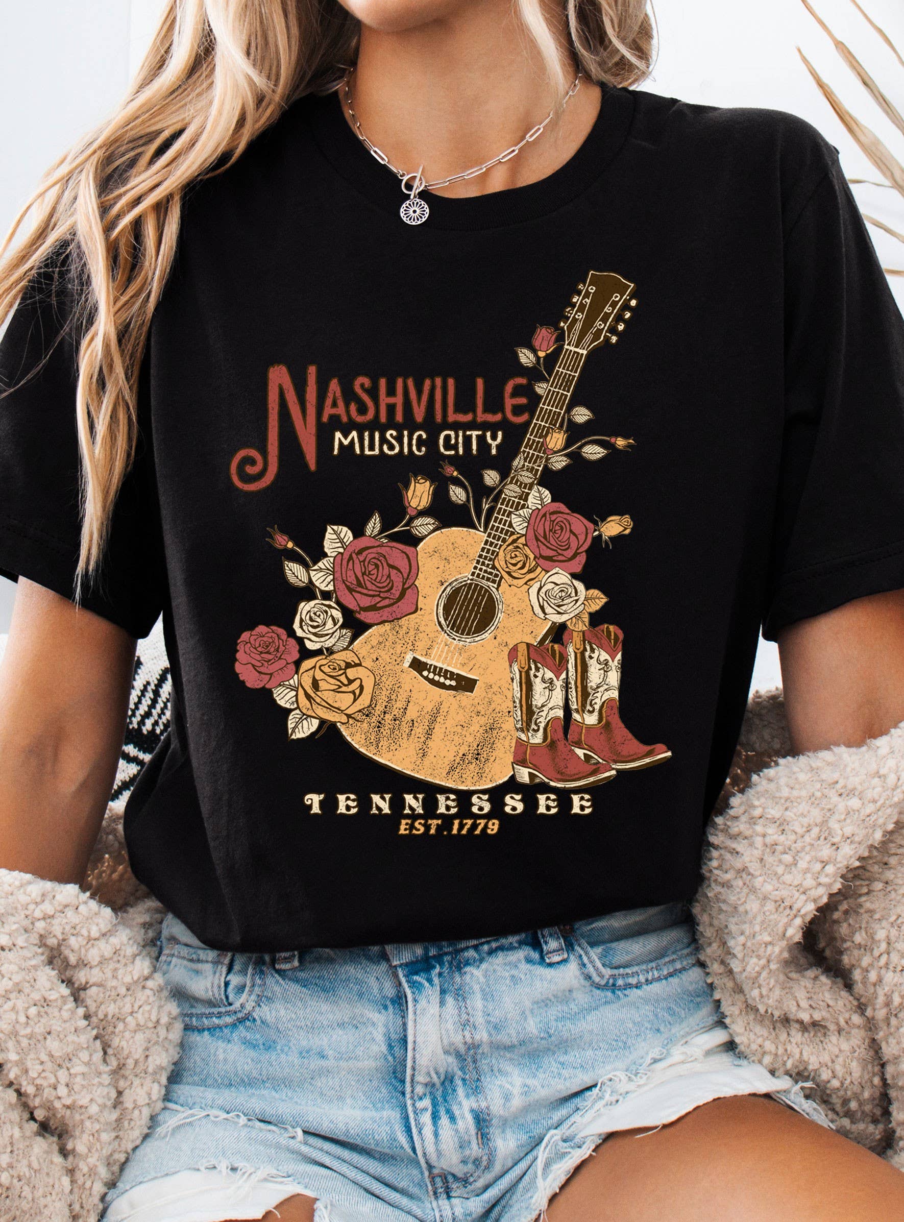 Nashville Rose Guitar Graphic - Adult & Kids T-Shirts, Sweatshirts & Hoodies apparel design preview 1