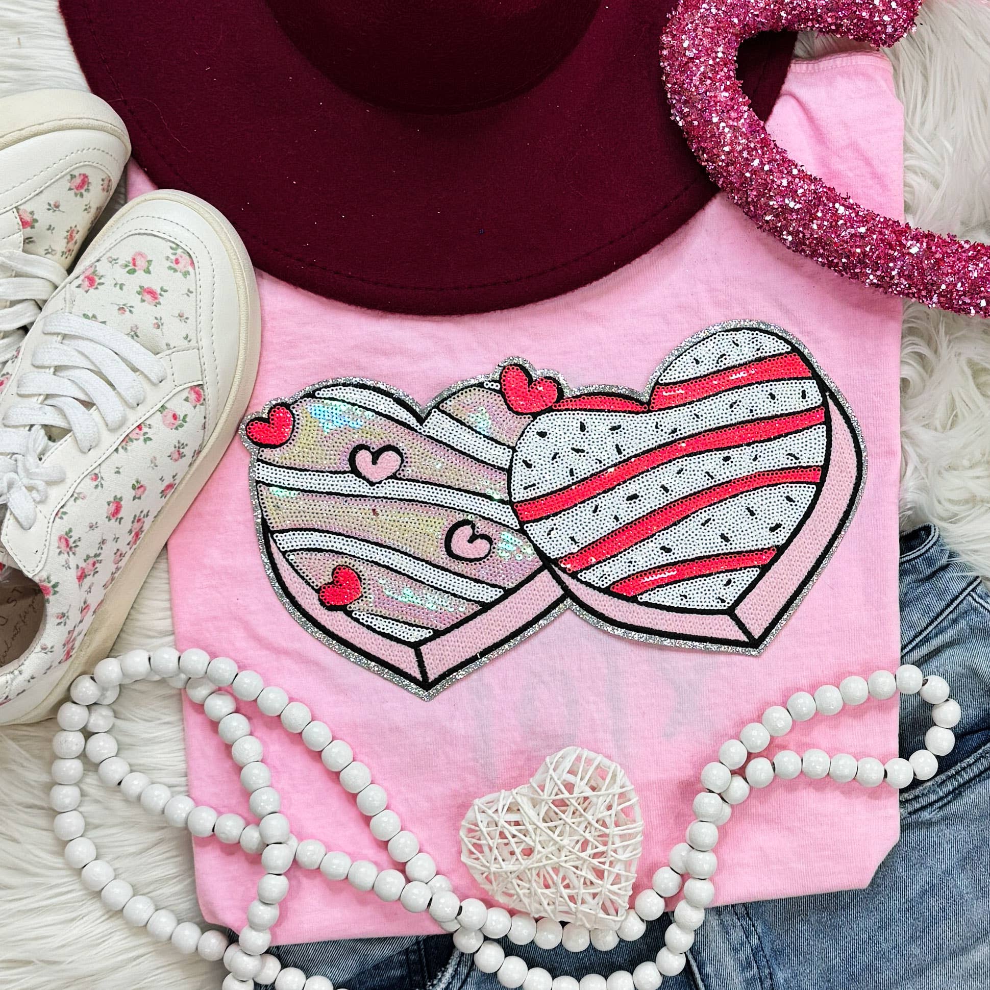 Sequin Double Heart Snack Cakes Patch Blossom - Adult & Kids T-Shirts, Sweatshirts & Hoodies apparel design preview 1