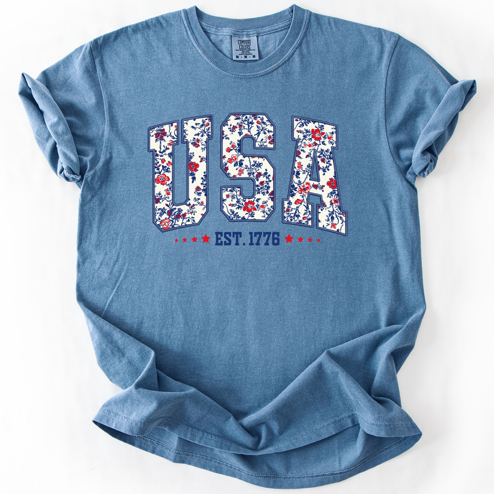 USA, Floral Pattern, Est 1776, Patriotic America - Adult & Kids T-Shirts, Sweatshirts & Hoodies apparel design preview 1