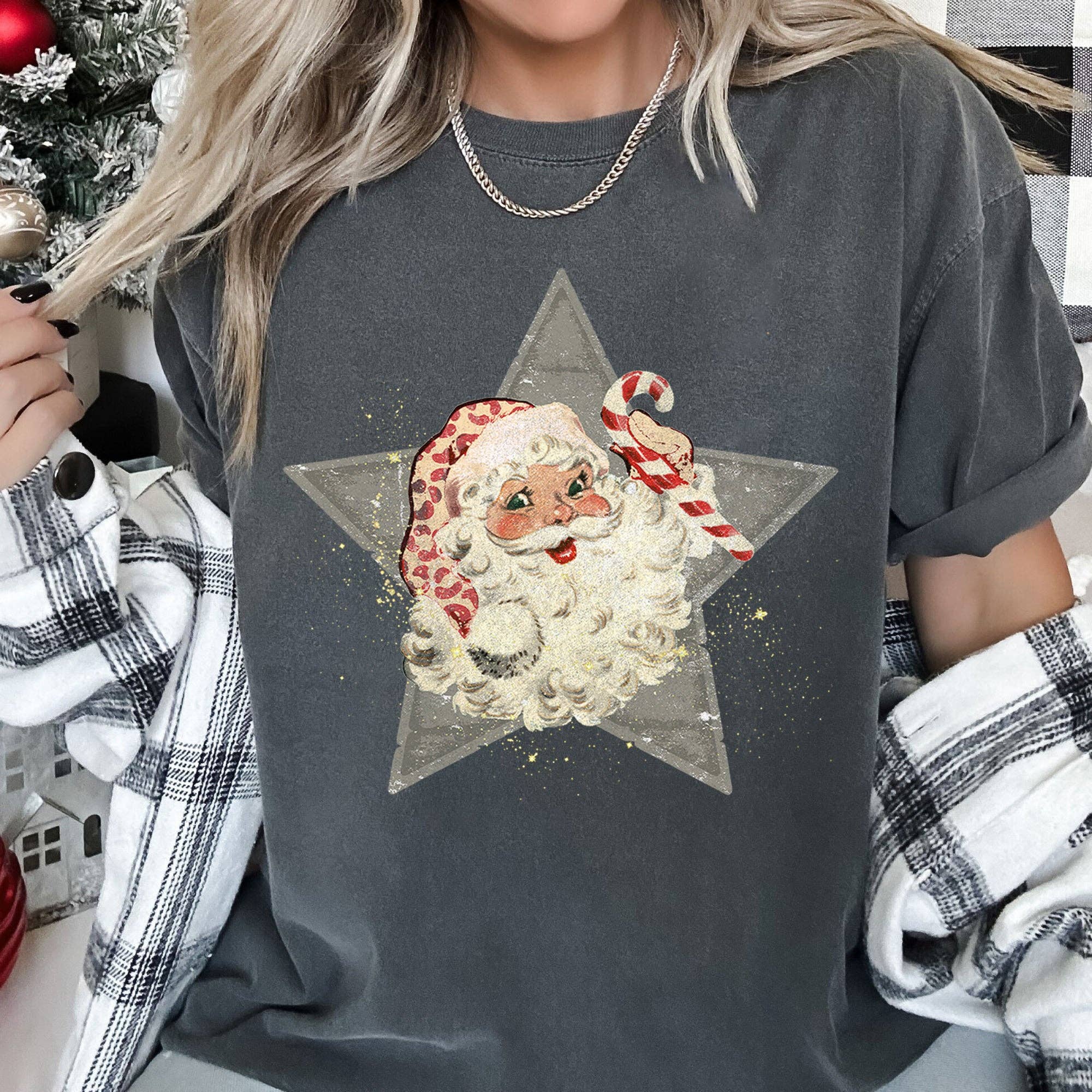 Santa, Retro, Green Star, Candy Cane, Christmas, - Adult & Kids T-Shirts, Sweatshirts & Hoodies apparel design preview 1