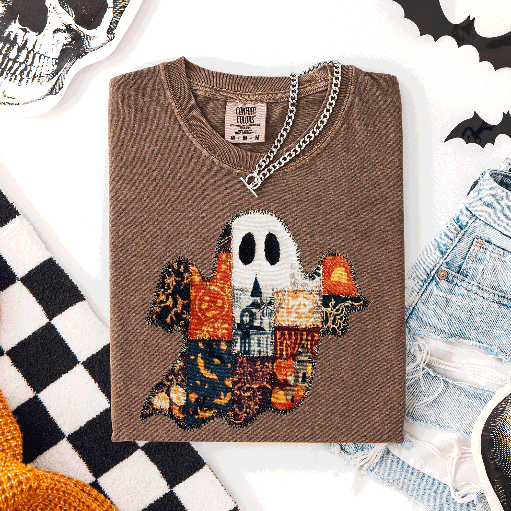 Ghost, Faux Quilt, Halloween, Cute, Trad Fall Autumn - Adult & Kids T-Shirts, Sweatshirts & Hoodies apparel design preview 1