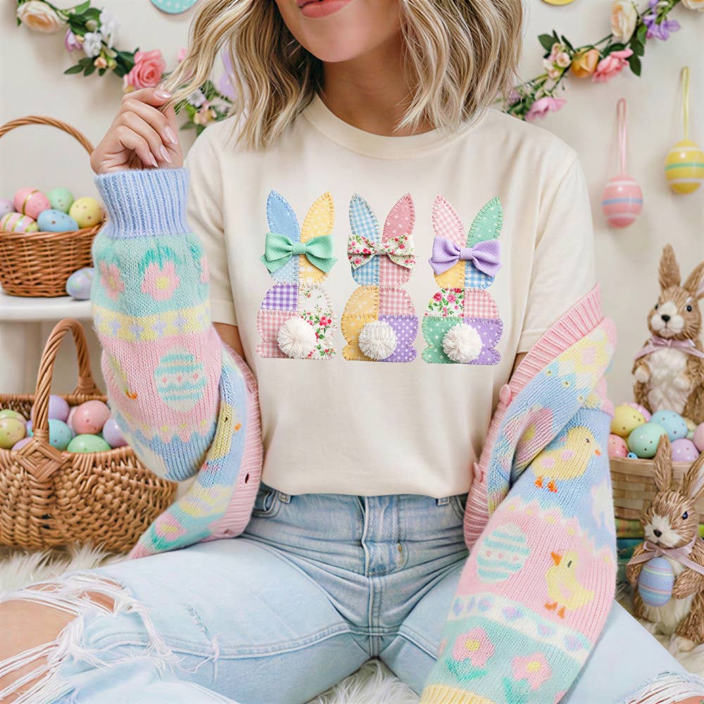 Faux Patchwork Bunny Trio - Adult & Kids T-Shirts, Sweatshirts & Hoodies apparel design preview 1