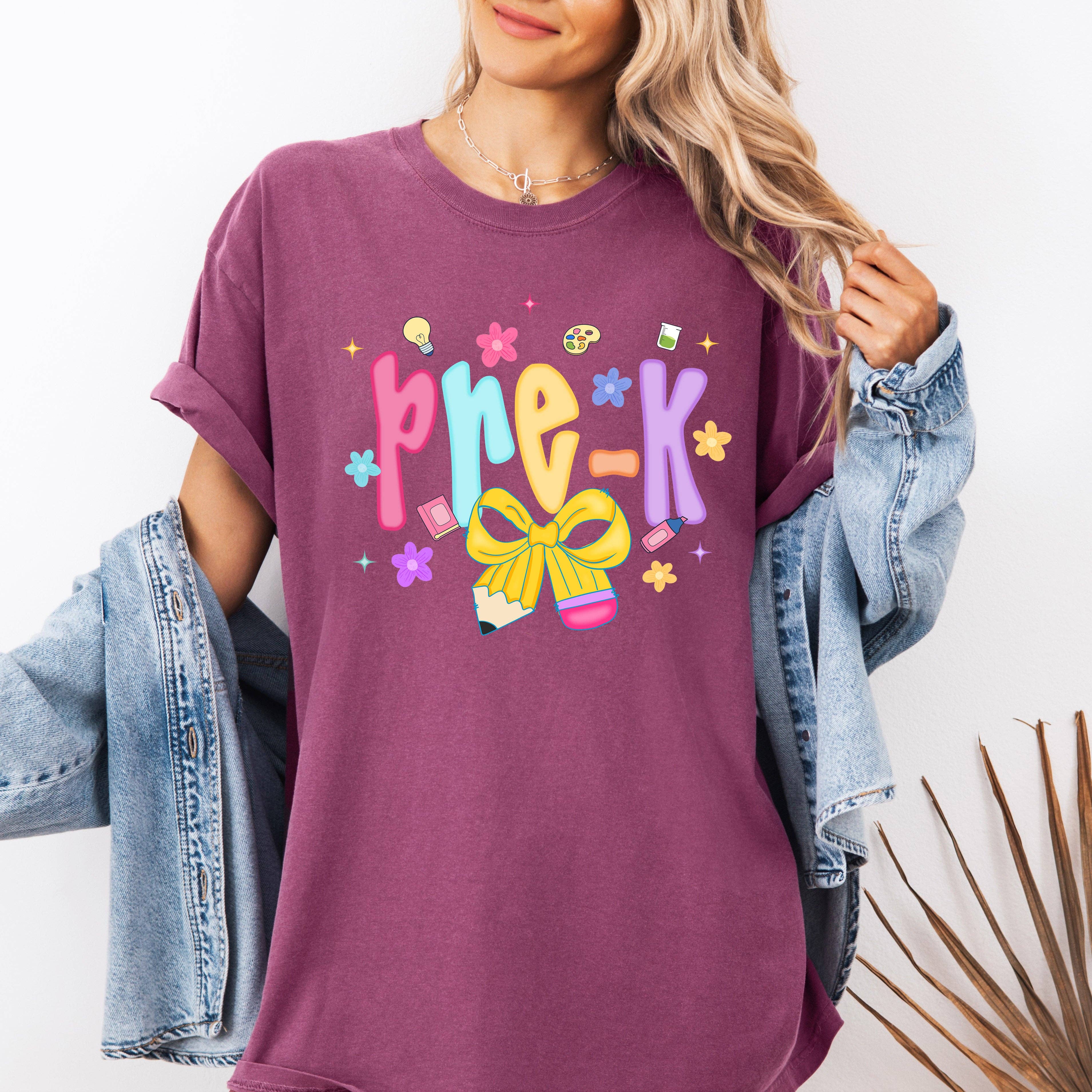 Pre-K, Teacher, Back To School, Neon, Bow Cute - Adult & Kids T-Shirts, Sweatshirts & Hoodies apparel design preview 1