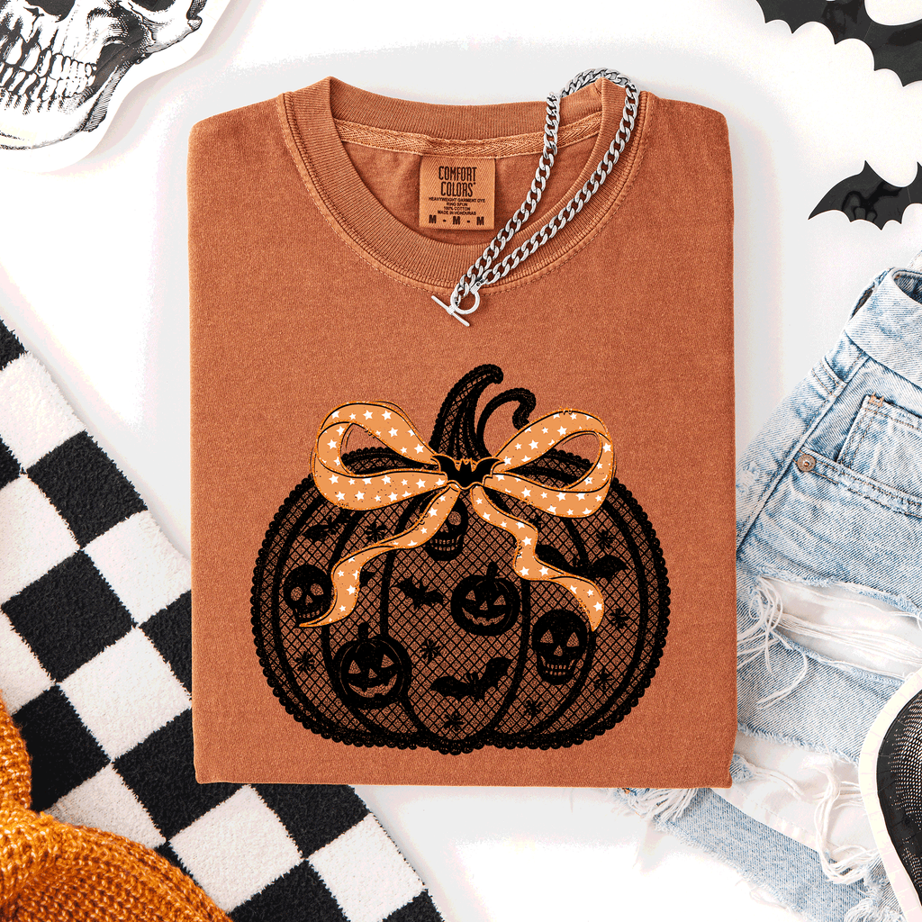 Halloween Pumpkin, Faux Lace, Coquette, Ribbon - Adult & Kids T-Shirts, Sweatshirts & Hoodies apparel design preview 1