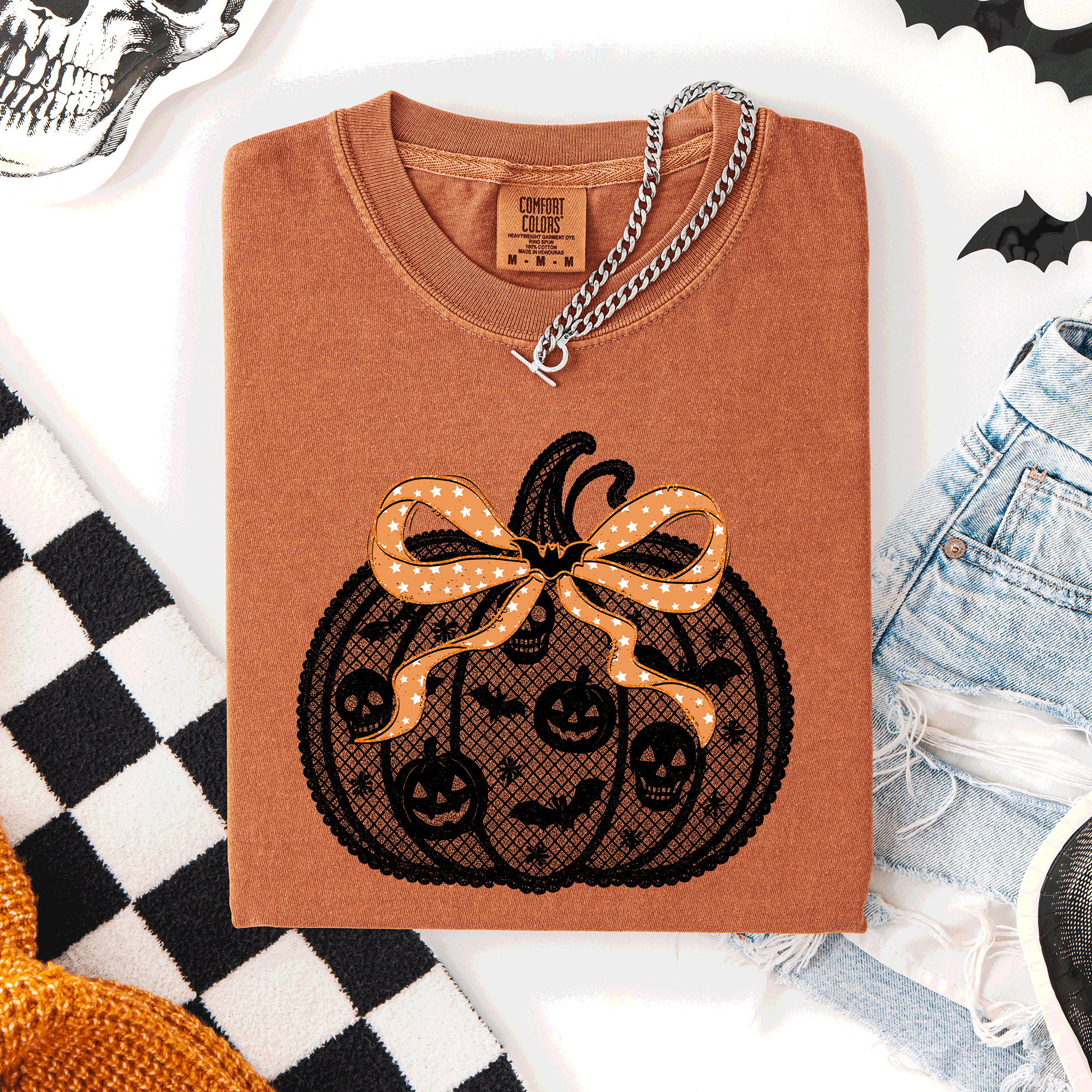 Halloween Pumpkin, Faux Lace, Coquette, Ribbon - Adult & Kids T-Shirts, Sweatshirts & Hoodies apparel design preview 1