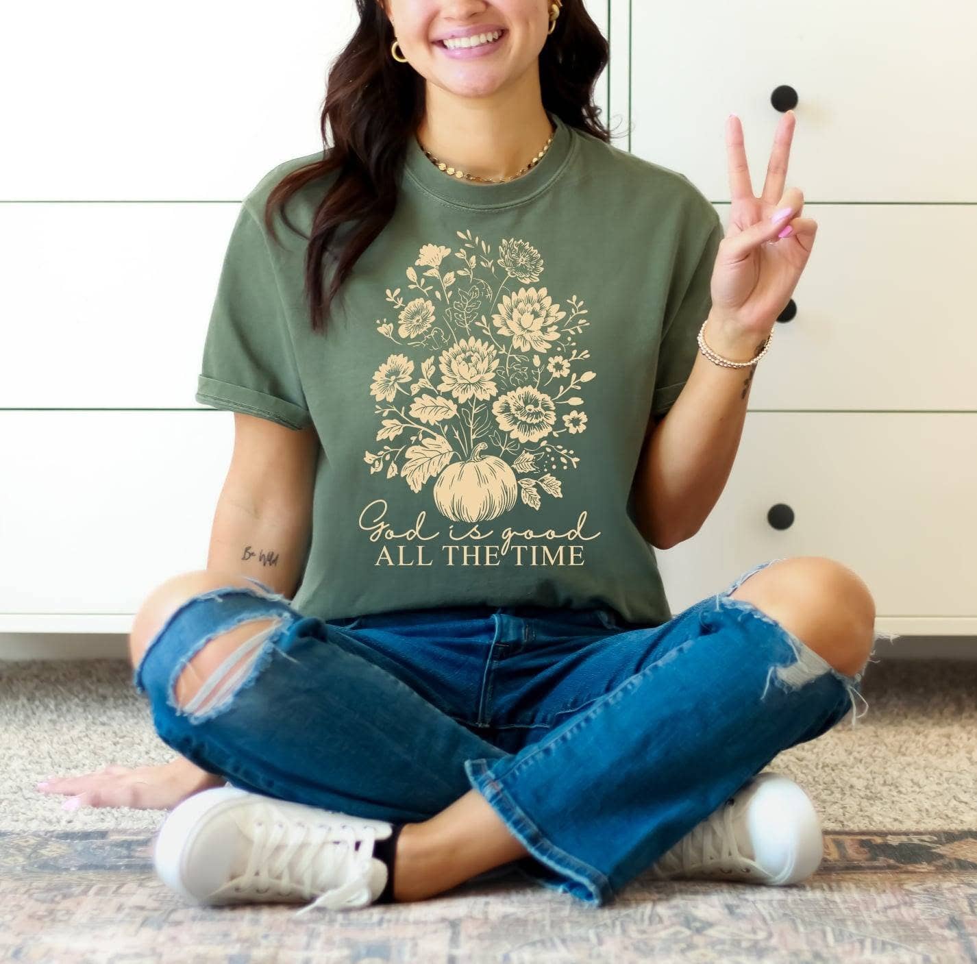 God Is Good Pumpkin Green Comfort Color Fall Graphic - Adult & Kids T-Shirts, Sweatshirts & Hoodies apparel design preview 1