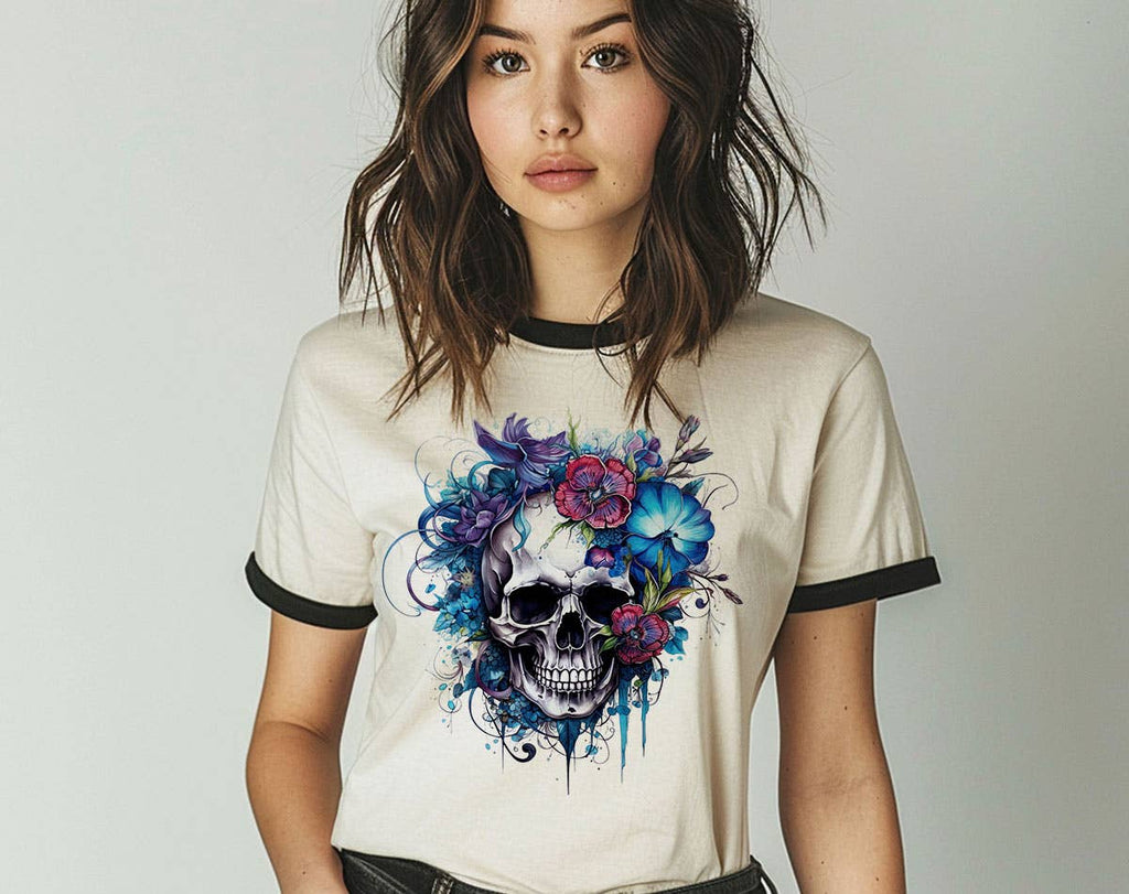Floral Blue Skull Flower Ringer - Adult & Kids T-Shirts, Sweatshirts & Hoodies apparel design preview 1