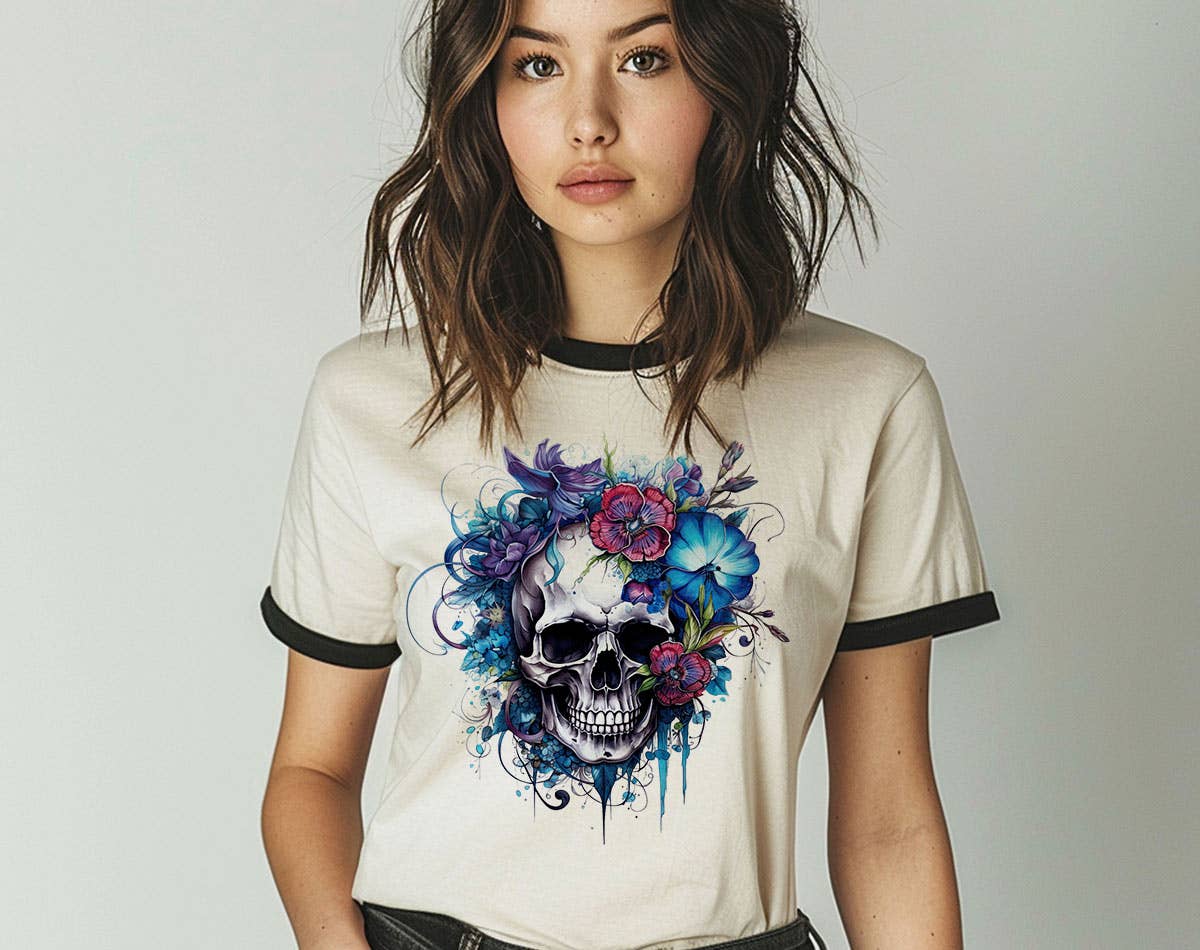 Floral Blue Skull Flower Ringer - Adult & Kids T-Shirts, Sweatshirts & Hoodies apparel design preview 1