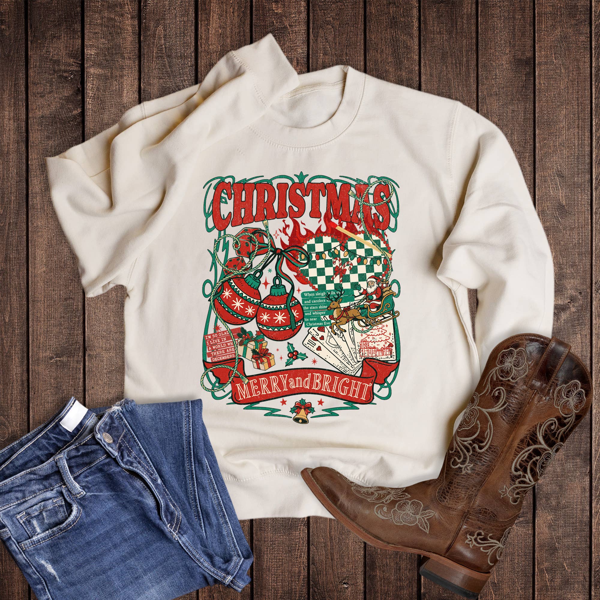 Western Christmas Merry and Bright Collage - Adult & Kids T-Shirts, Sweatshirts & Hoodies apparel design preview 1