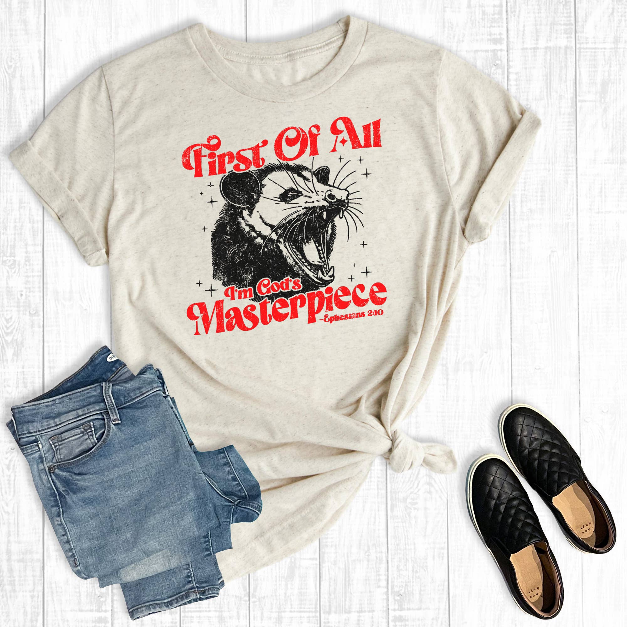 Funny Faith First of All I'm Gods Masterpiece Graphic - Adult & Kids T-Shirts, Sweatshirts & Hoodies apparel design preview 1