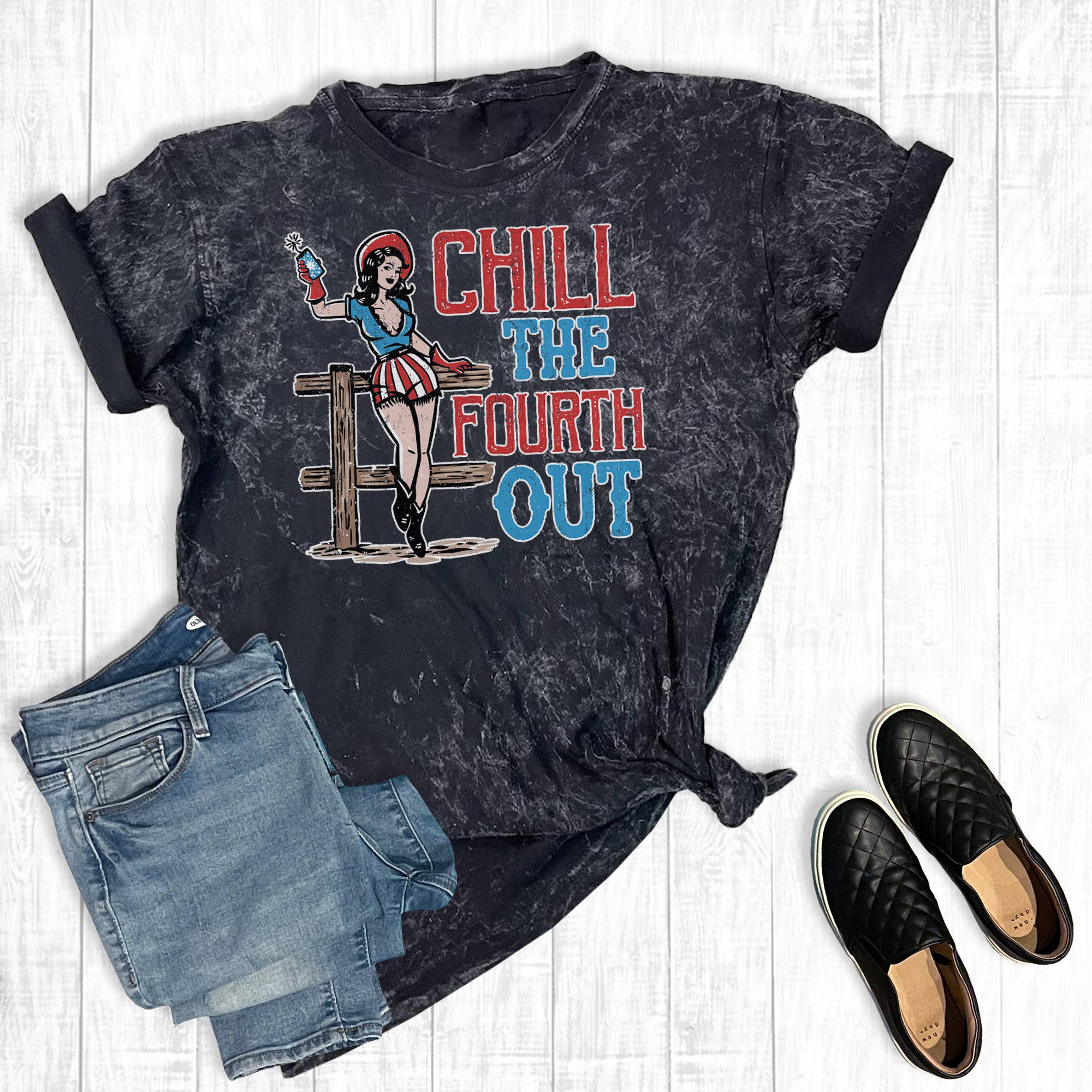 4th of July Cowgirl Mineral Wash Graphic - Adult & Kids T-Shirts, Sweatshirts & Hoodies apparel design preview 1
